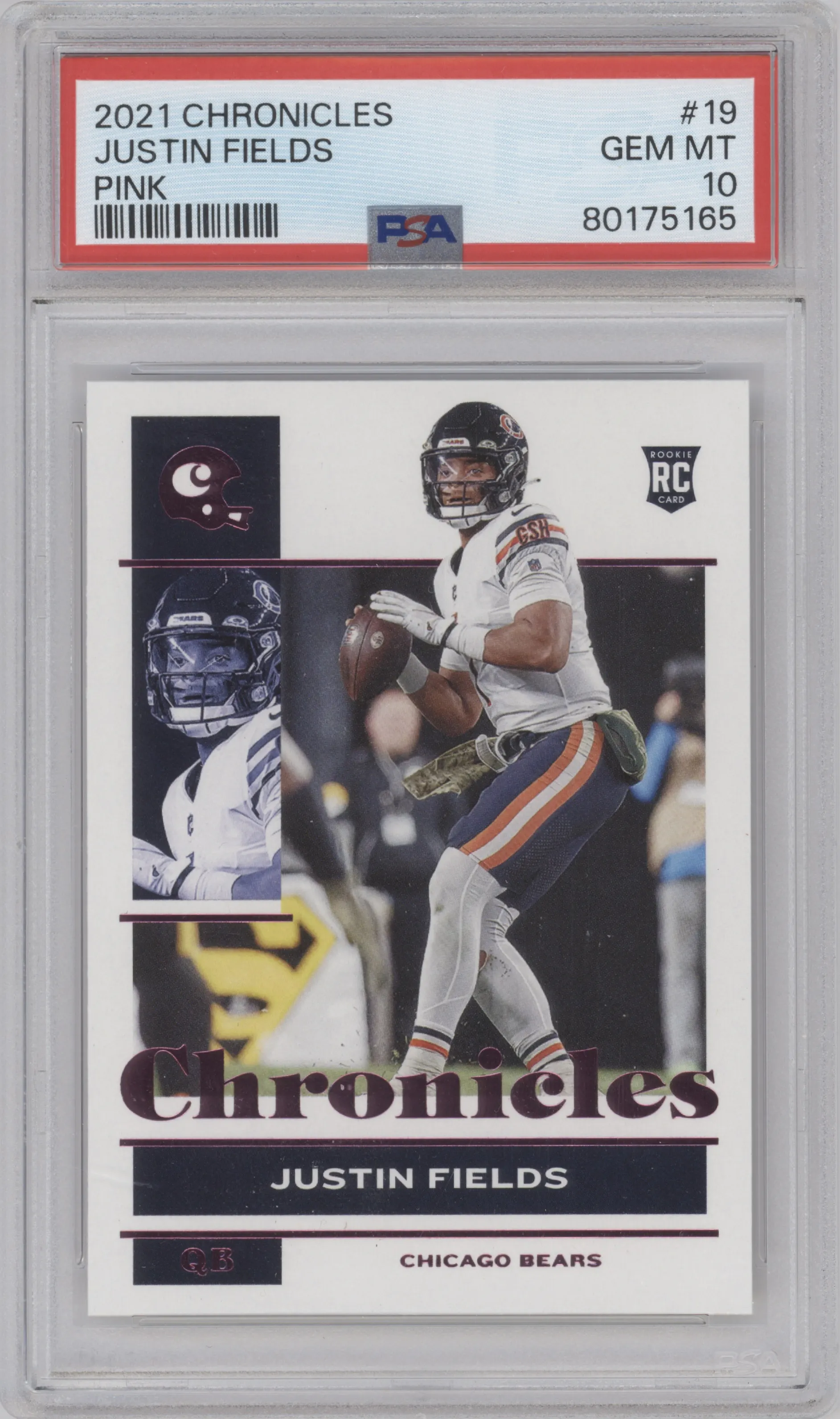 Justin Fields from the 2021 Panini Chronicles set featuring a Pink parallel graded by PSA and given an overall grade of 10.