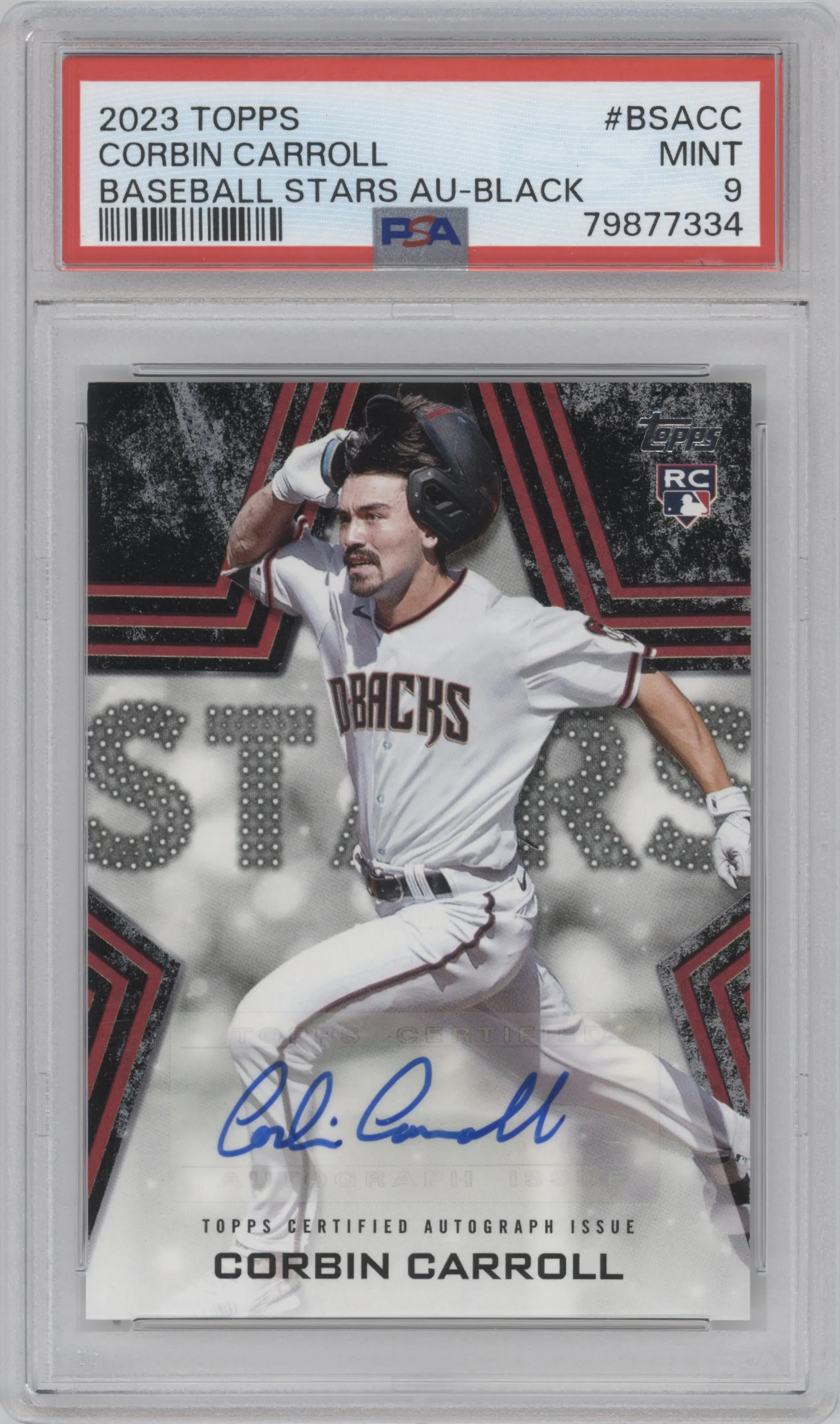 Corbin Carroll from the 2023 Topps Series 1 set featuring a Black parallel graded by PSA and given an overall grade of 9.
