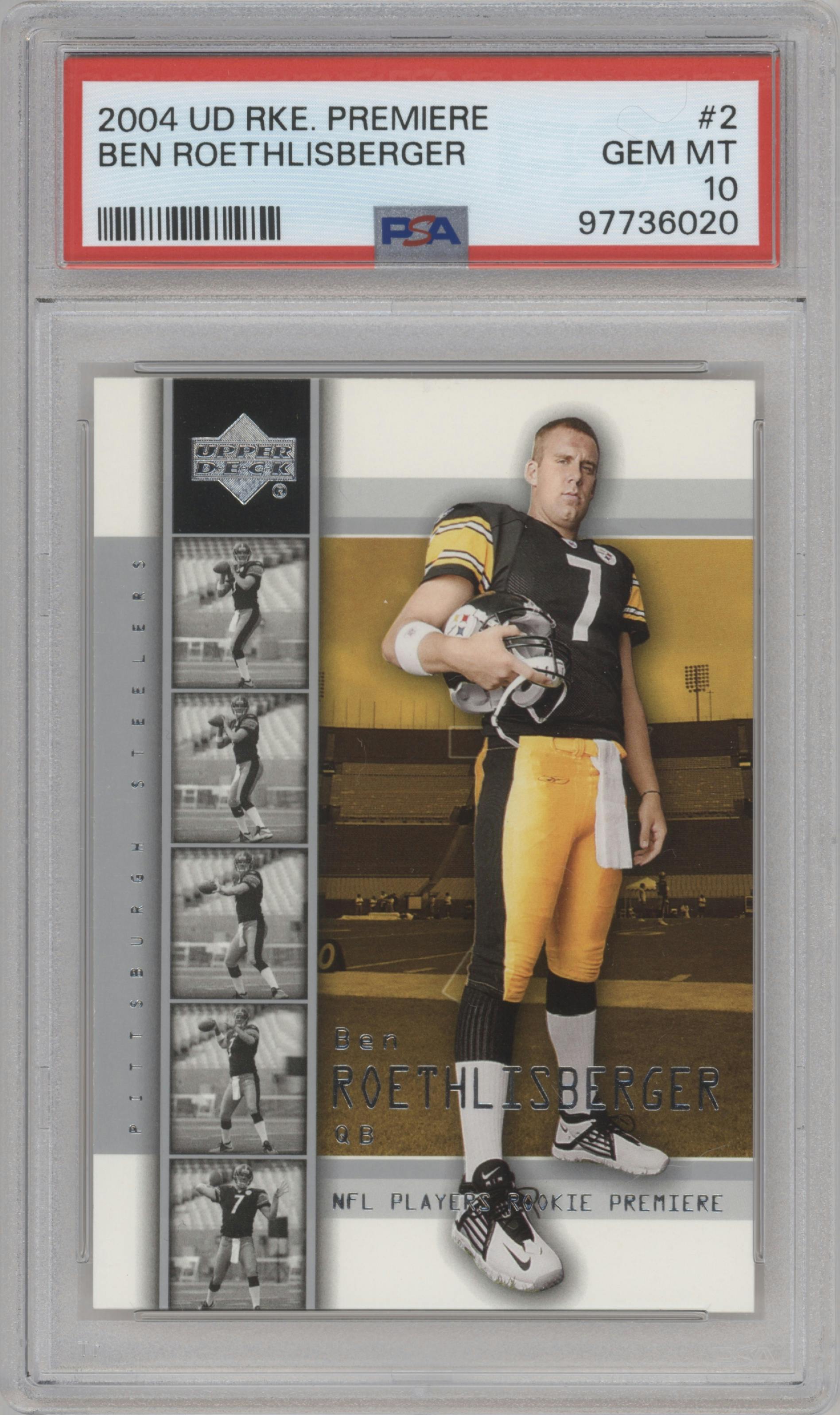 Ben Roethlisberger from the 2004 Upper Deck Rookie Premiere set graded by PSA and given an overall grade of 10.