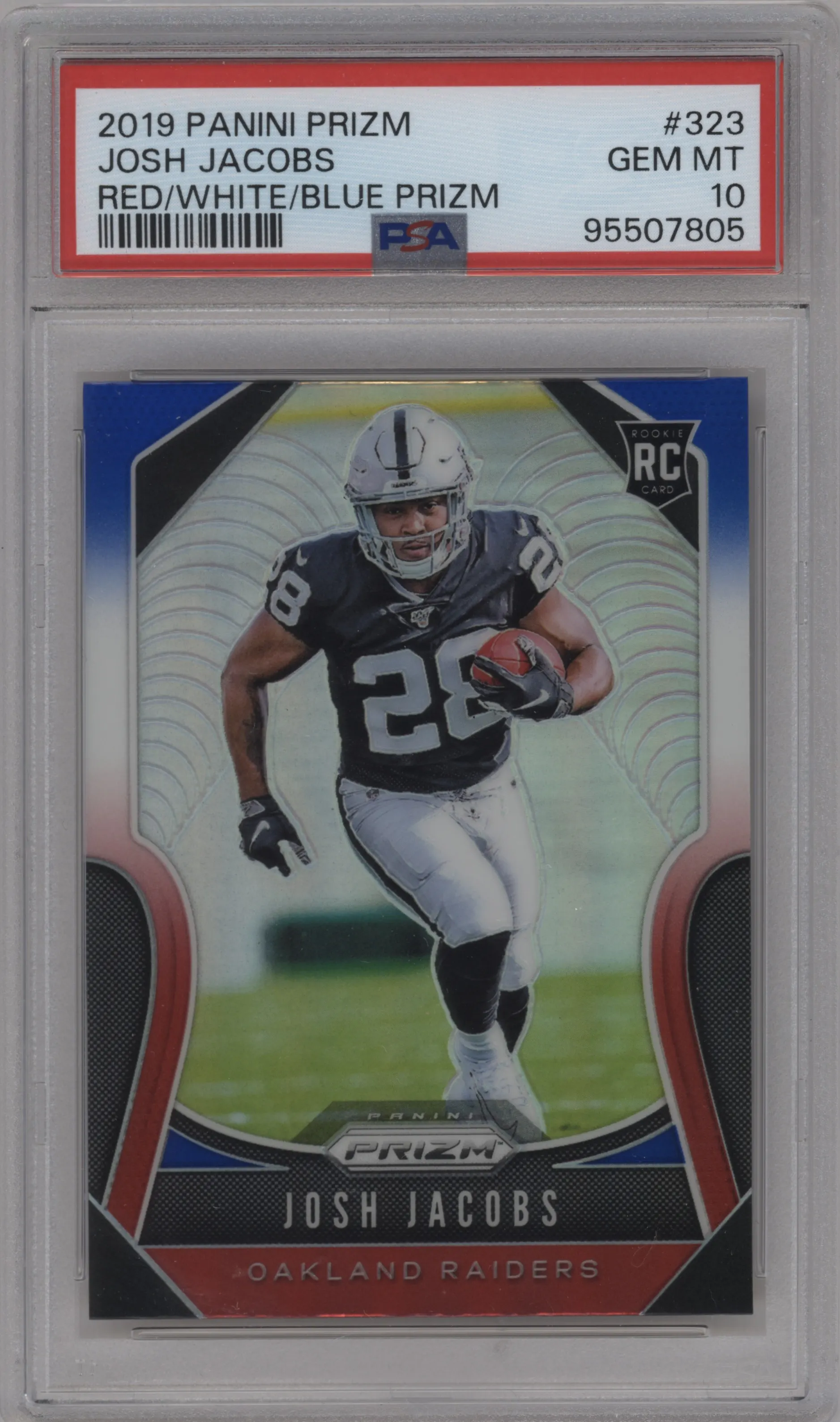 2019 Panini Prizm Josh Jacobs Red/White/Blue Prizm PSA 10