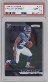 Saquon Barkley from the 2018 Panini Prizm set graded by PSA and given an overall grade of 10.