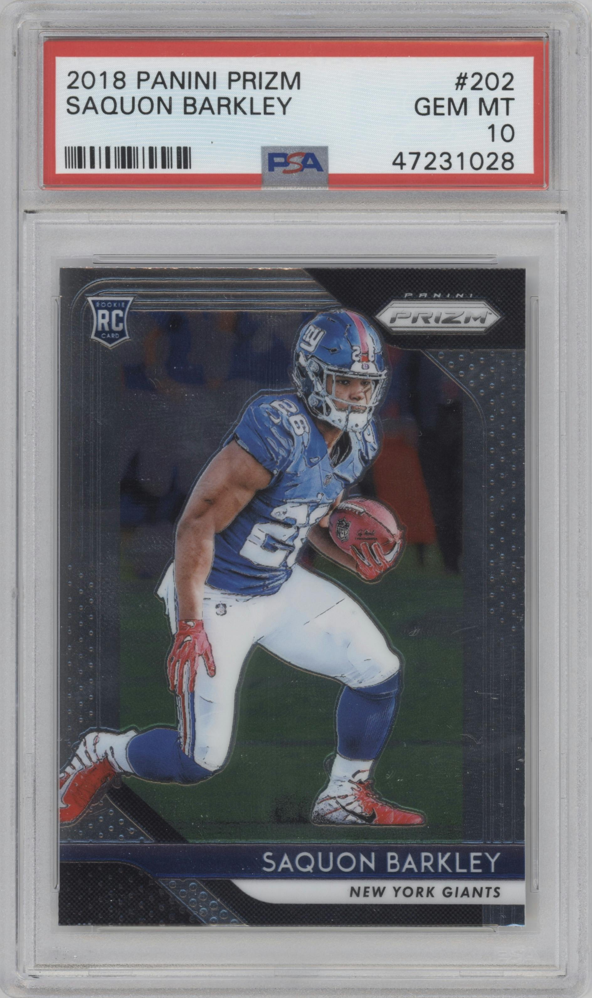 Saquon Barkley from the 2018 Panini Prizm set graded by PSA and given an overall grade of 10.