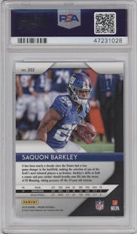 Saquon Barkley from the 2018 Panini Prizm set graded by PSA and given an overall grade of 10.