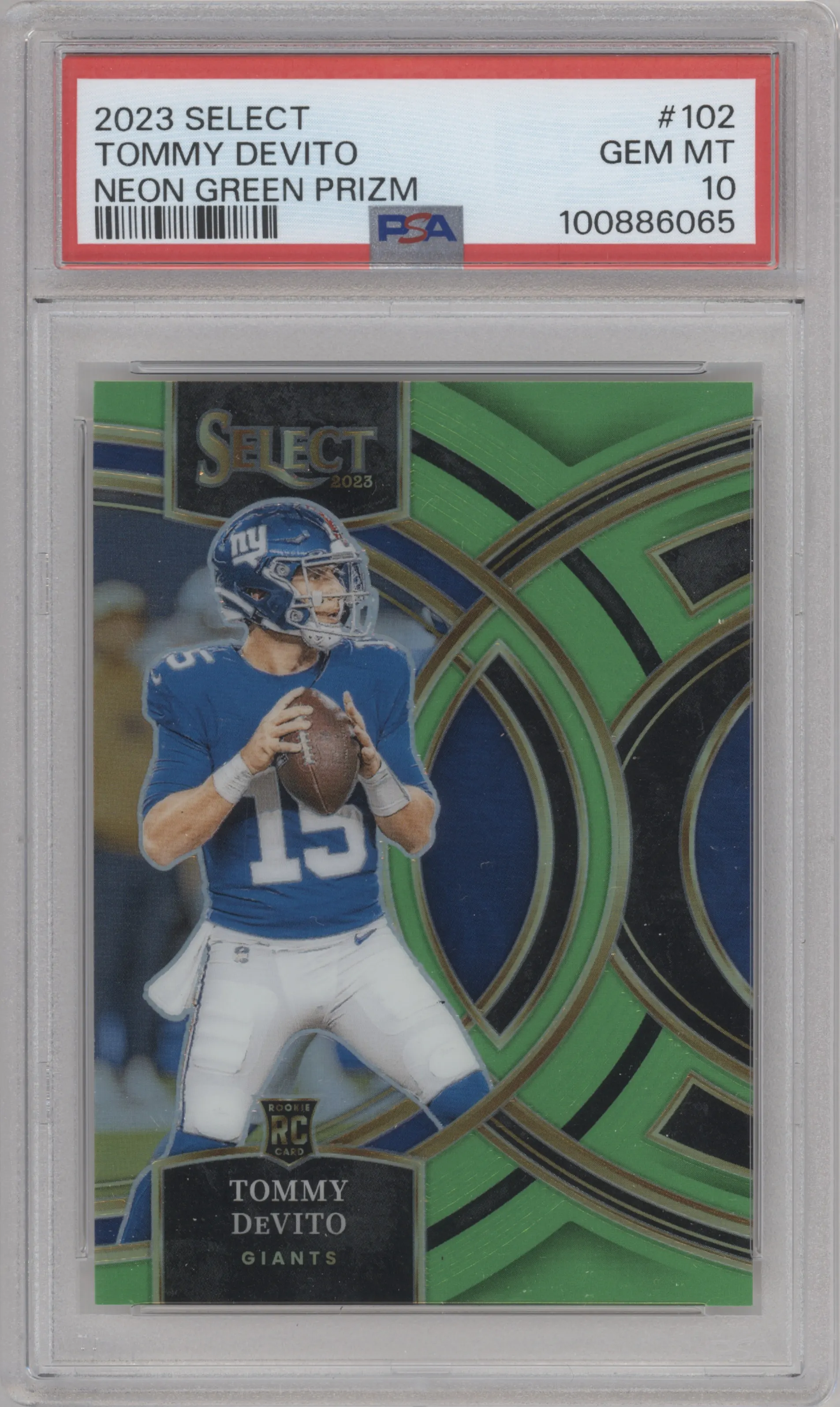 Tommy DeVito from the 2023 Panini Select set featuring a Neon Green Prizm parallel graded by PSA and given an overall grade of 10.