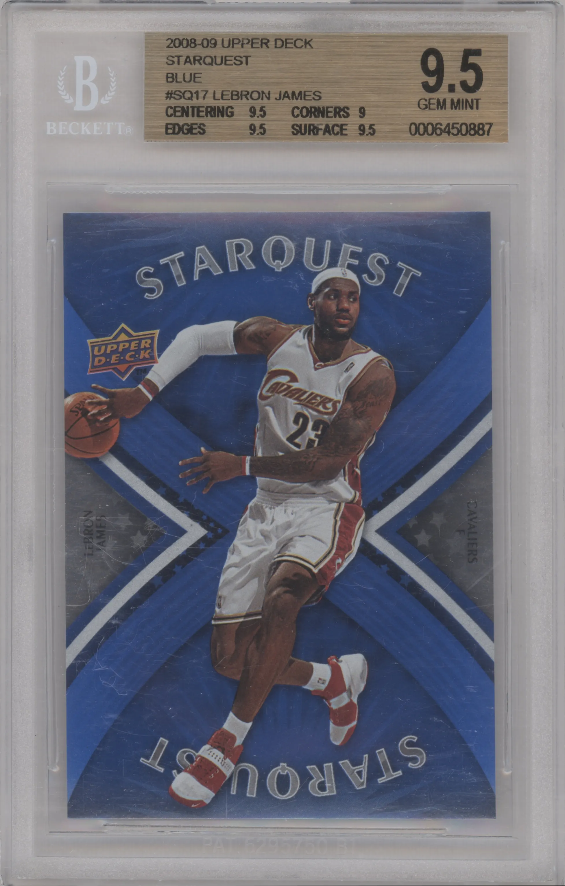 LeBron James from the 2008-09 Upper Deck set featuring a Super Rare parallel graded by Beckett and given an overall grade of 9.5.