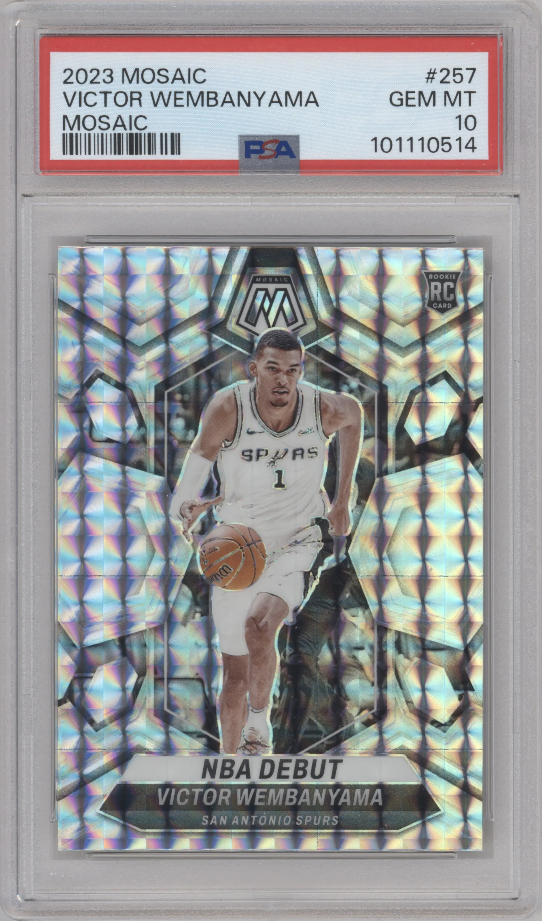 Victor Wembanyama from the 2023-24 Panini Mosaic set featuring a Mosaic parallel graded by PSA and given an overall grade of 10.