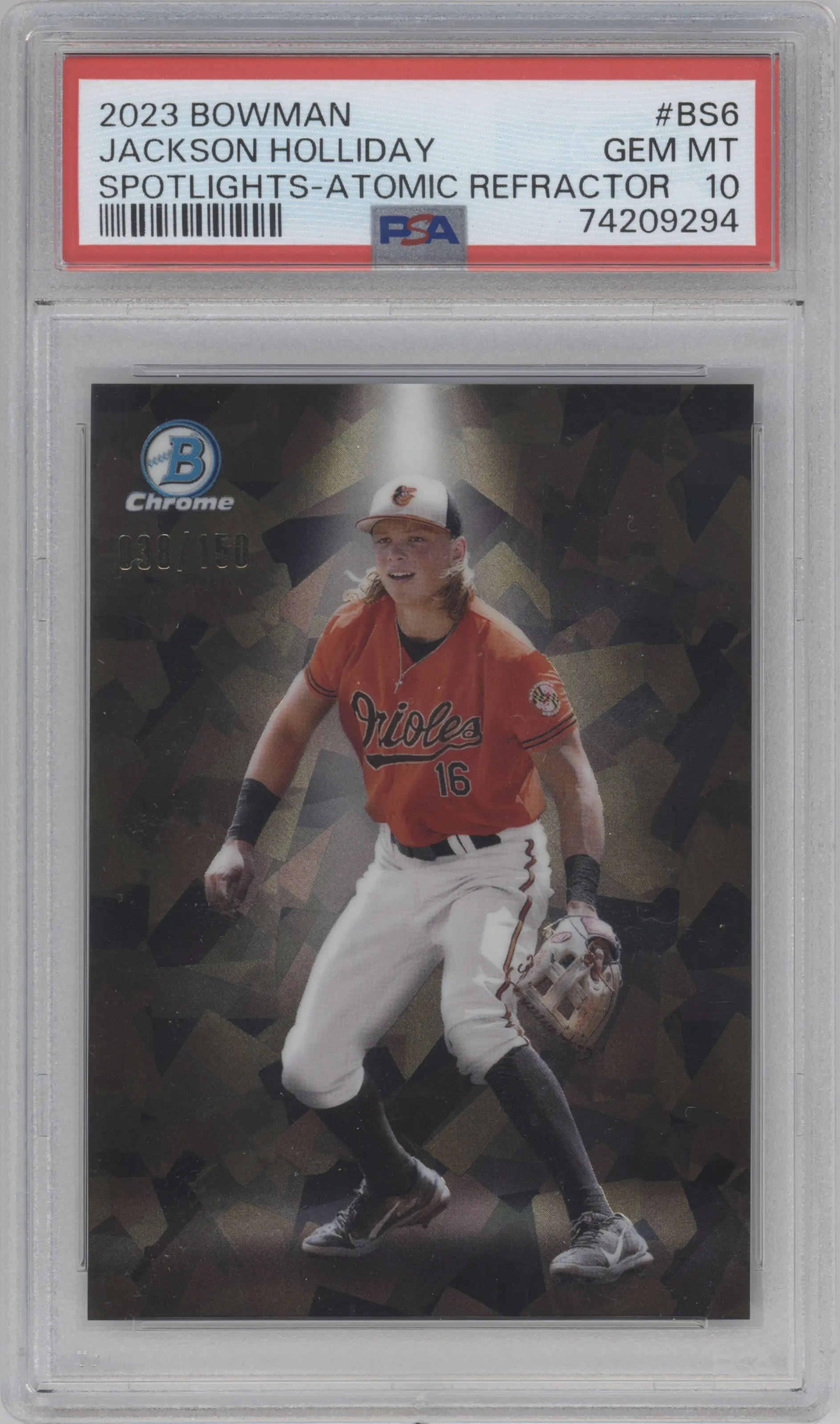 Jackson Holliday from the 2023 Bowman  set featuring a Atomic Refractor parallel graded by PSA and given an overall grade of 10.