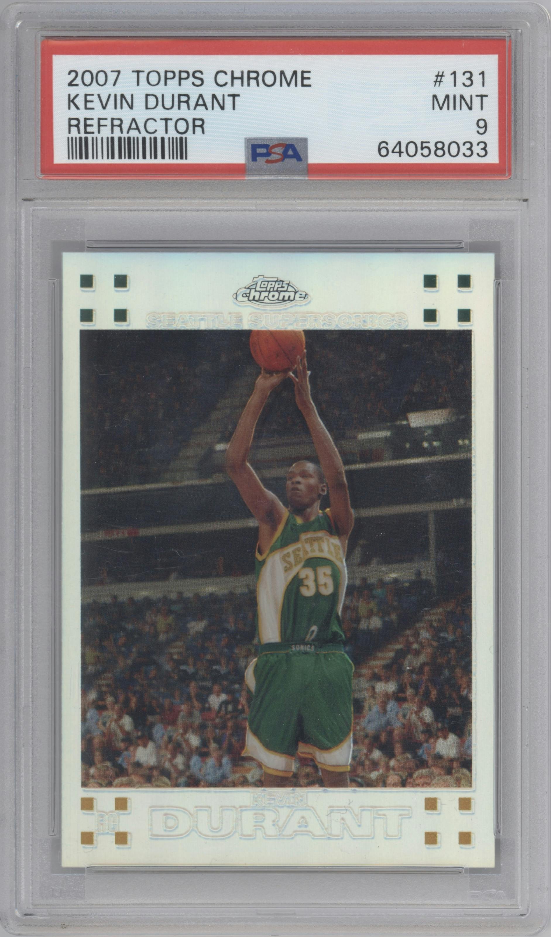 Kevin Durant from the 2007-08 Topps Chrome set featuring a Refractor parallel graded by PSA and given an overall grade of 9.