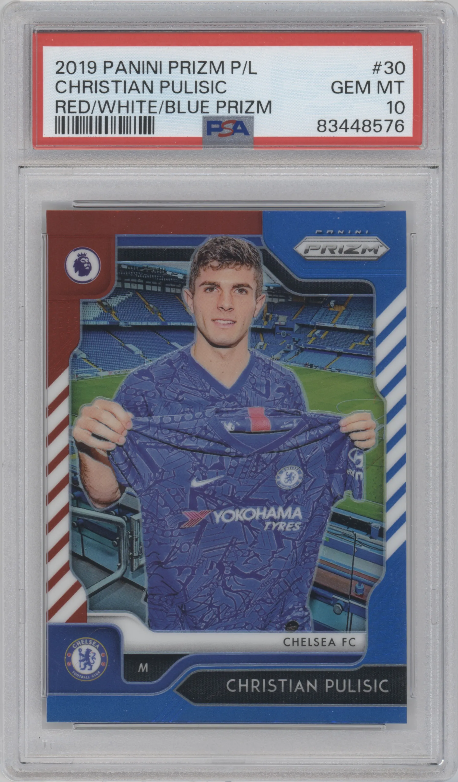 Christian Pulisic from the 2019-20 Panini Prizm Premier League set featuring a Red/White/Blue Prizm  parallel graded by PSA and given an overall grade of 10.