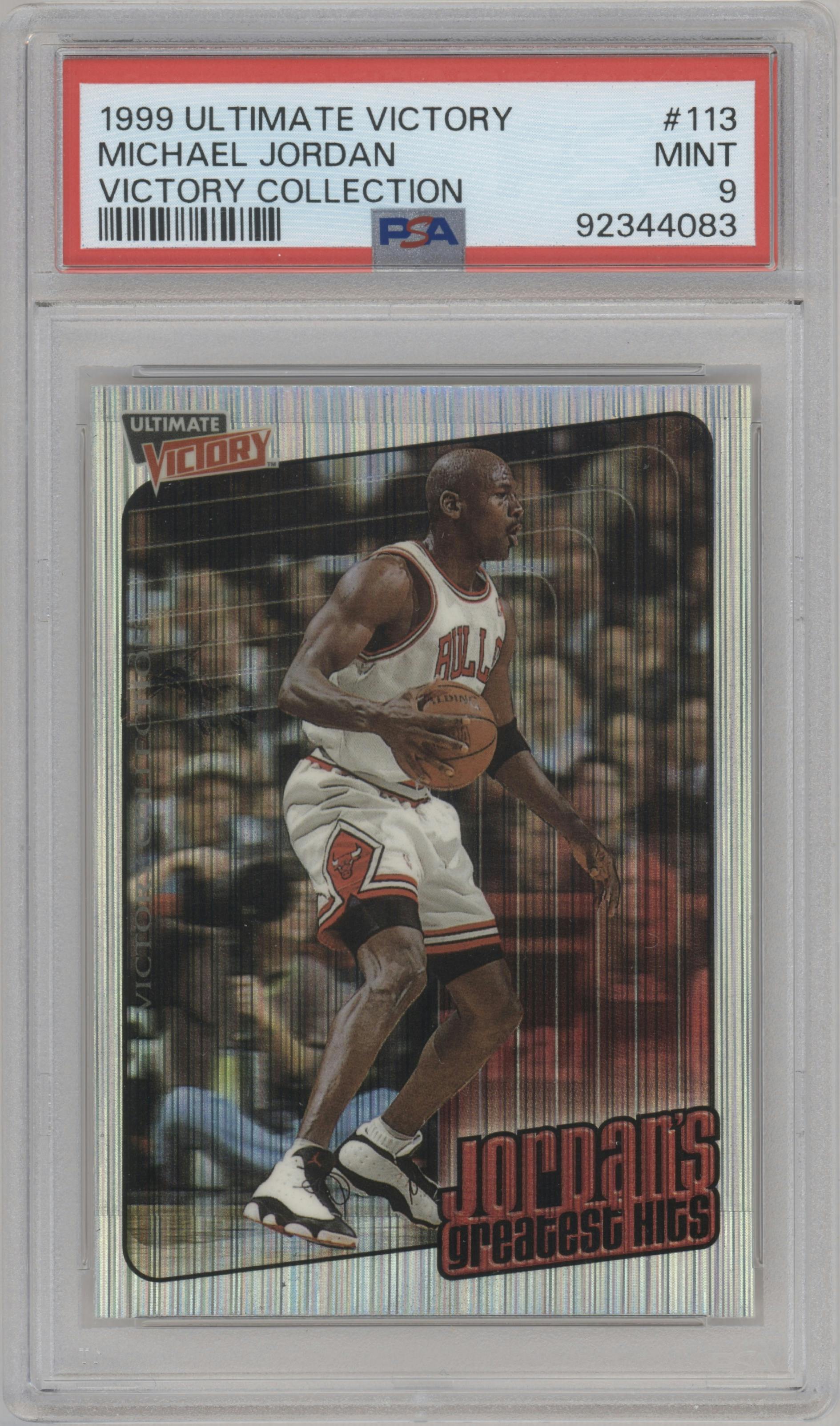 Michael Jordan from the 1999-00 Upper Deck Ultimate Victory set featuring a Victory Collection parallel graded by PSA and given an overall grade of 9.