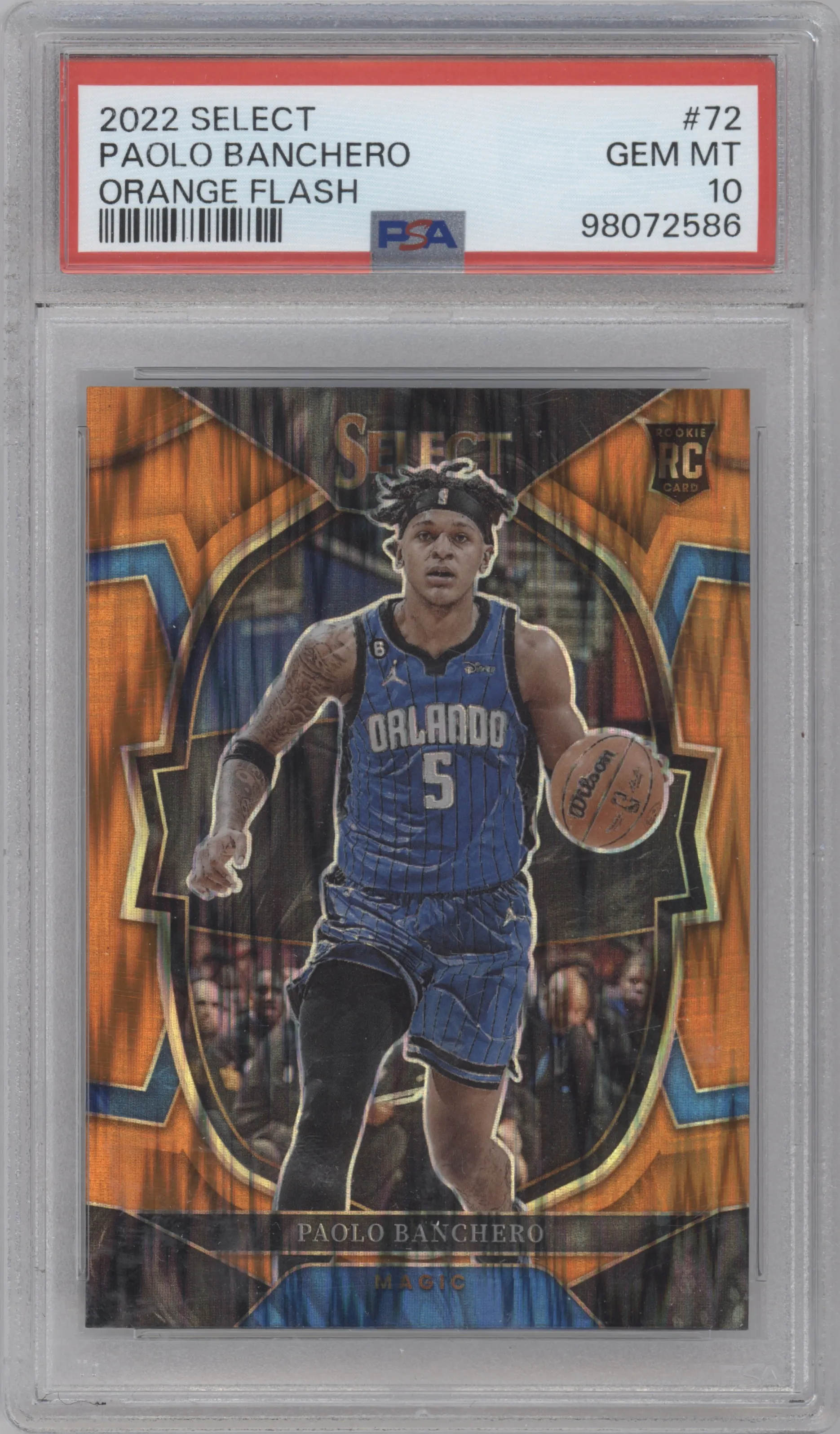 Paolo Banchero from the 2022-23 Panini Select set featuring a Orange Flash parallel graded by PSA and given an overall grade of 10.