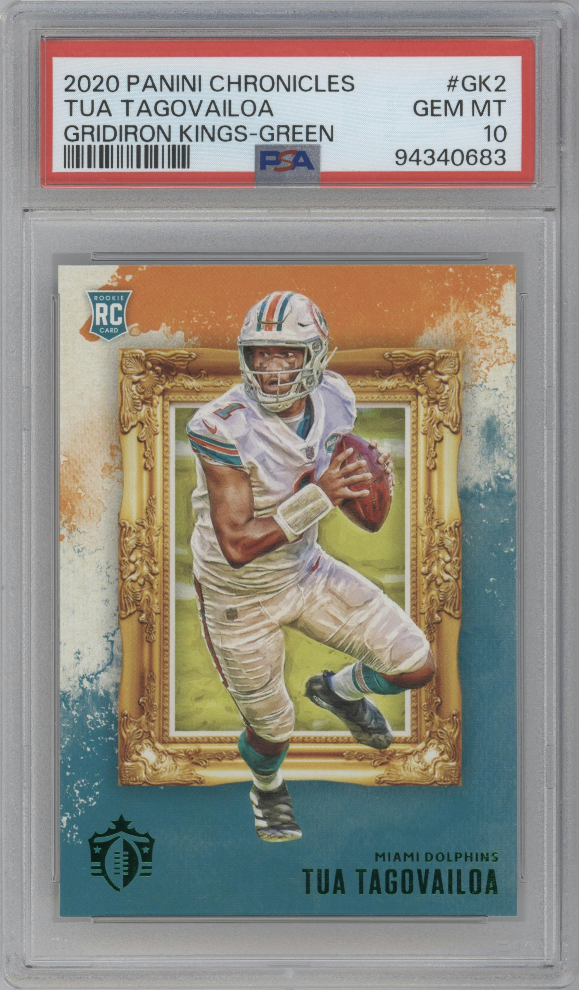 Tua Tagovailoa from the 2020 Panini Chronicles set featuring a Green parallel graded by PSA and given an overall grade of 10.