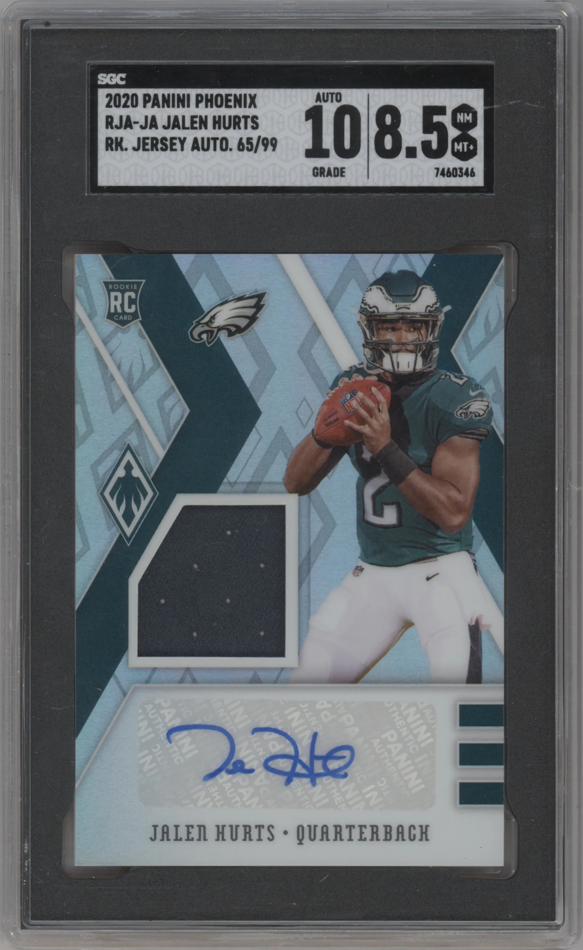 Jalen Hurts from the 2020 Panini Phoenix set graded by SGC and given an overall grade of 8.5.