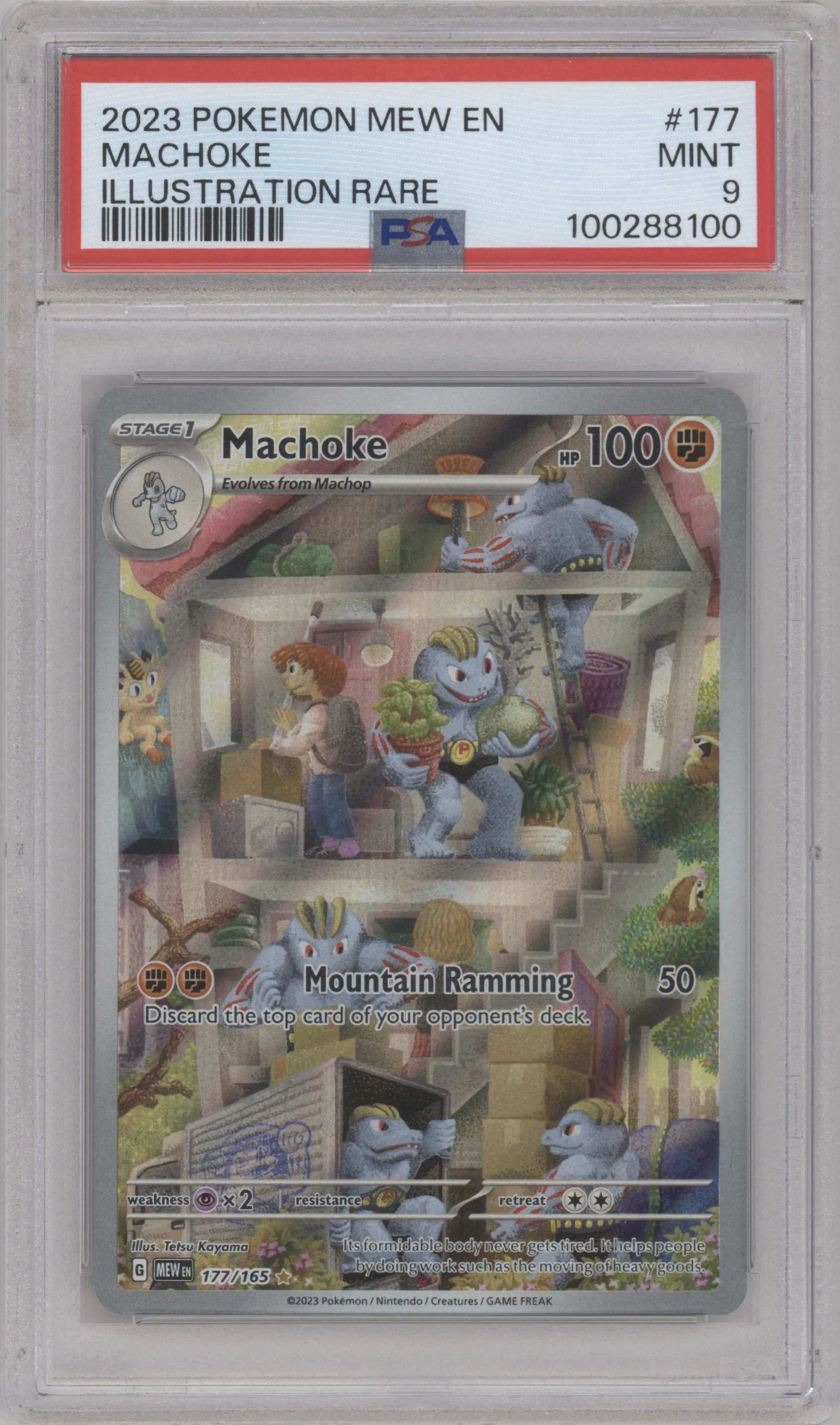 Machoke from the 2023 Pokemon SV set graded by PSA and given an overall grade of 9.