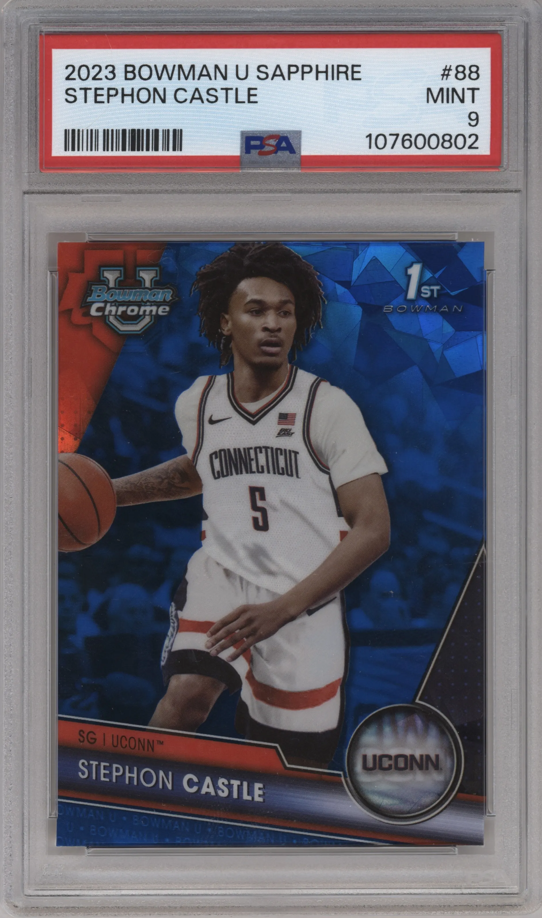 Stephon Castle from the 2023-24 Bowman U Chrome Sapphire set graded by PSA and given an overall grade of 9.