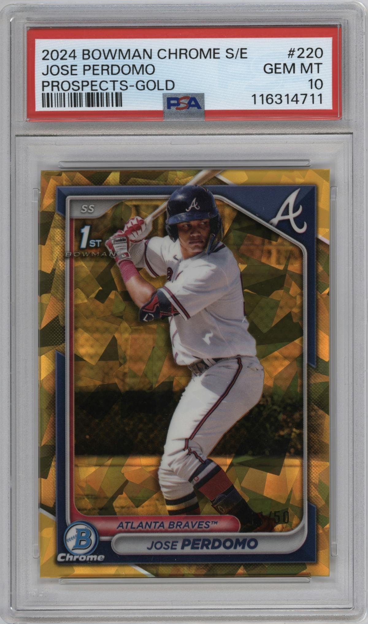 Jose Perdomo from the 2024 Bowman Chrome Sapphire set featuring a Gold parallel graded by PSA and given an overall grade of 10.