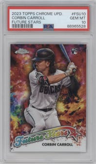 Corbin Carroll from the 2023 Topps Chrome Update set graded by PSA and given an overall grade of 10.