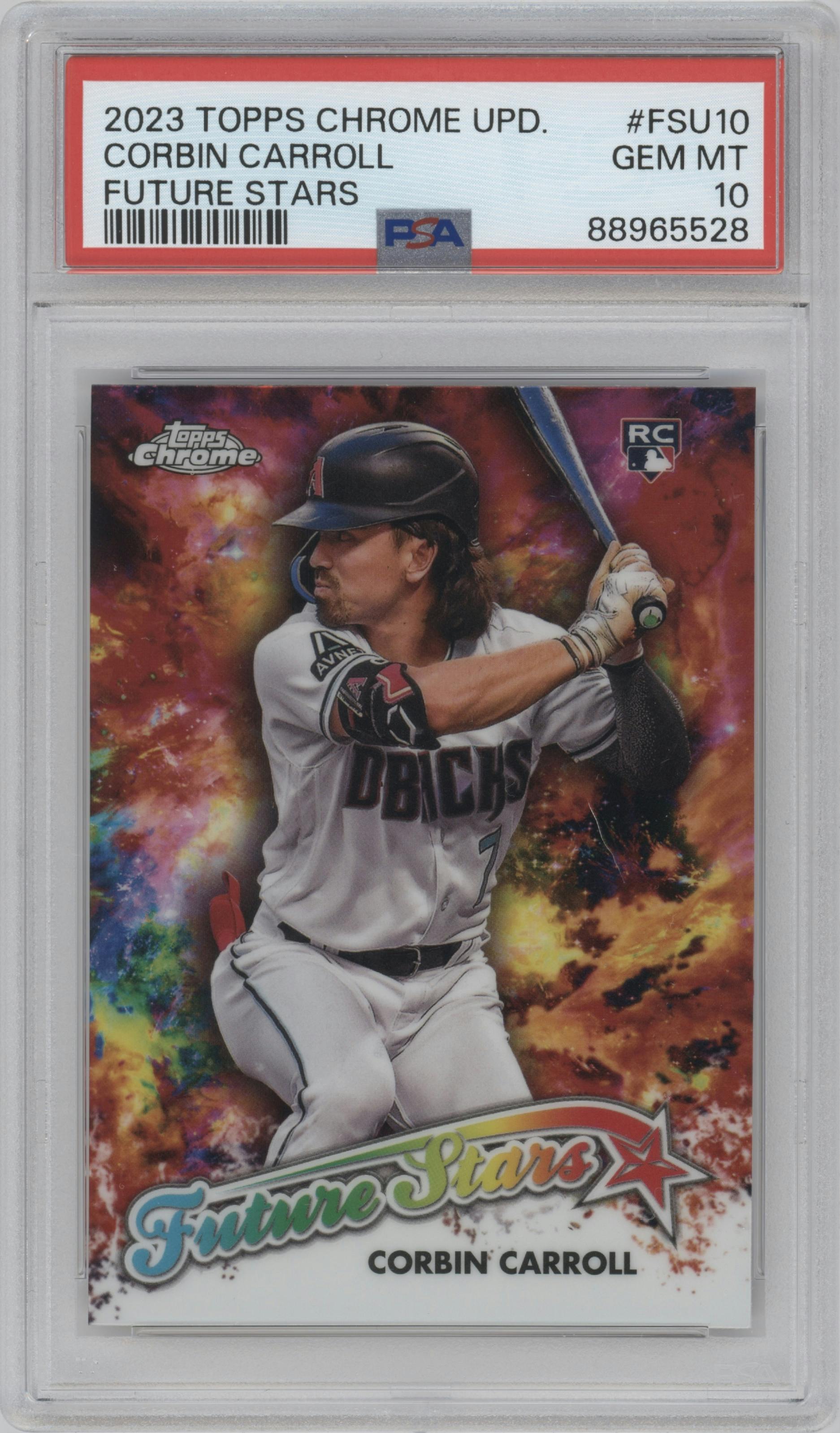 Corbin Carroll from the 2023 Topps Chrome Update set graded by PSA and given an overall grade of 10.