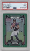 C.J. Stroud from the 2023 Panini Prizm set featuring a Green Prizm parallel graded by PSA and given an overall grade of 9.