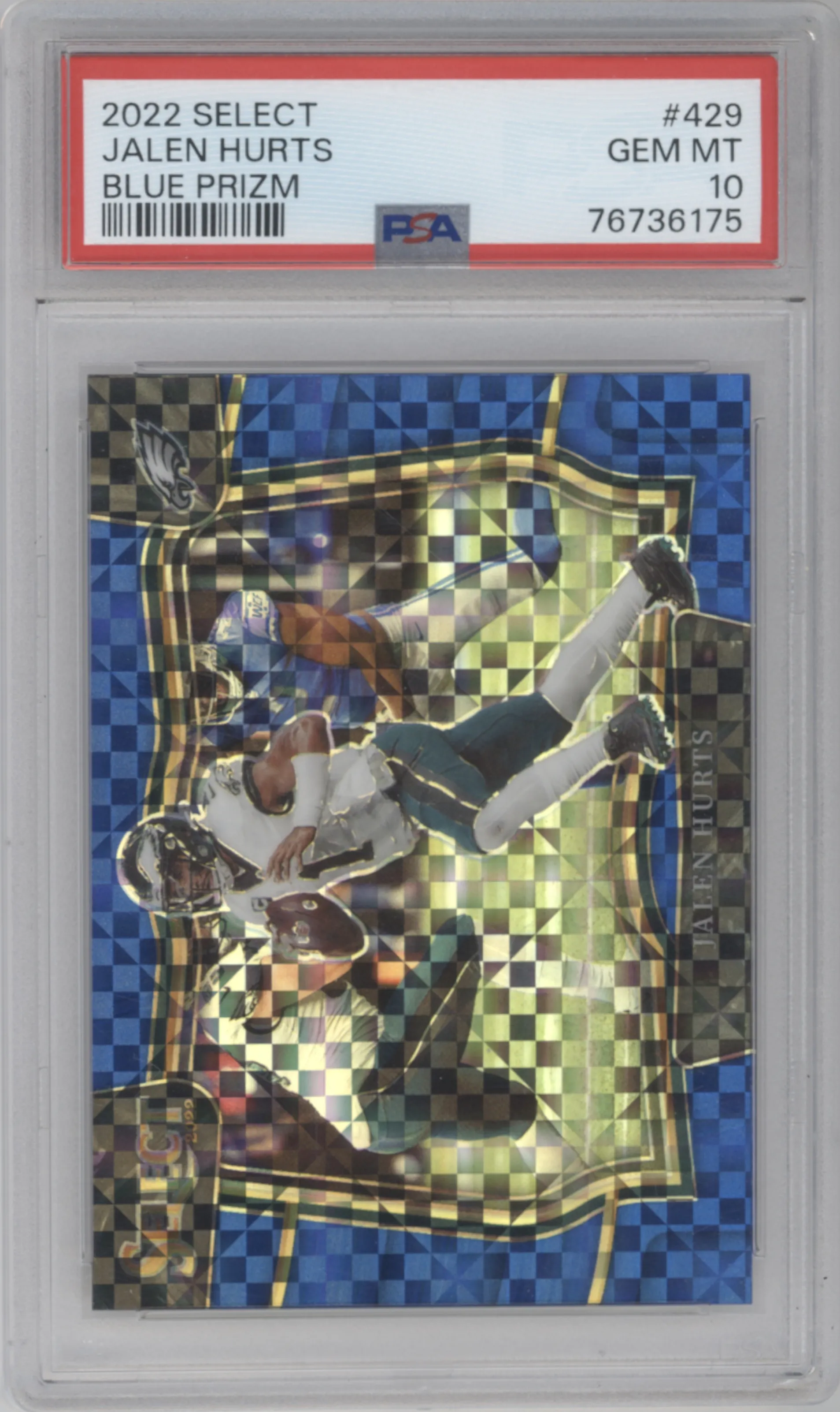 Jalen Hurts from the 2022 Panini Select set featuring a Blue Prizm parallel graded by PSA and given an overall grade of 10.