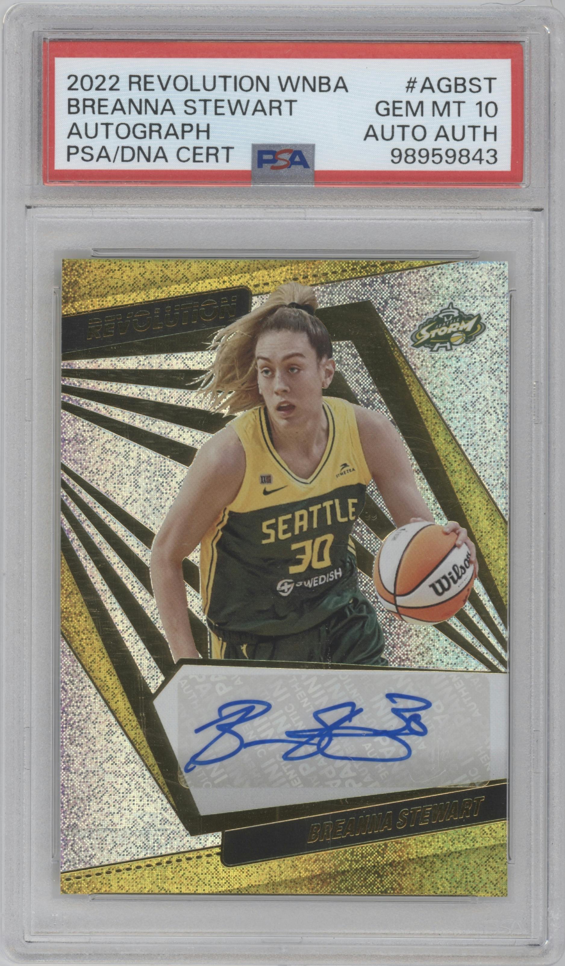 Breanna Stewart from the 2022 Panini Revolution WNBA Basketball set graded by PSA and given an overall grade of 10.