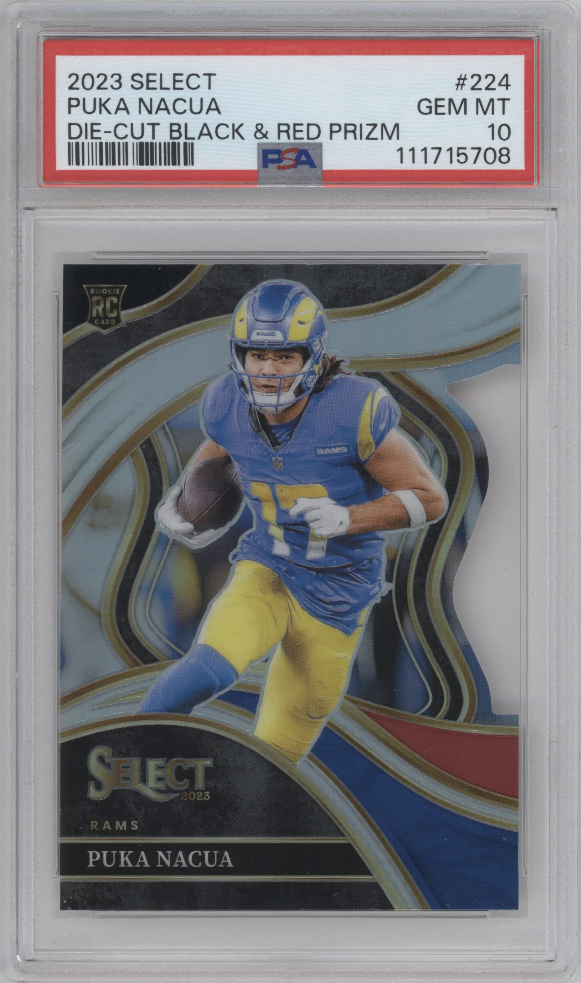 Puka Nacua from the 2023 Panini Select set featuring a Die-Cut Black/Red parallel graded by PSA and given an overall grade of 10.