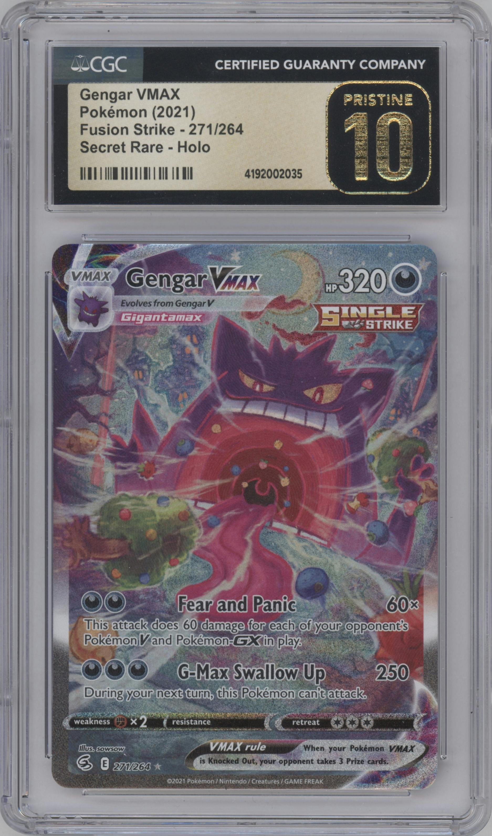 Gengar VMAX from the 2021 Pokemon SWSH set graded by CSG and given an overall grade of 10.
