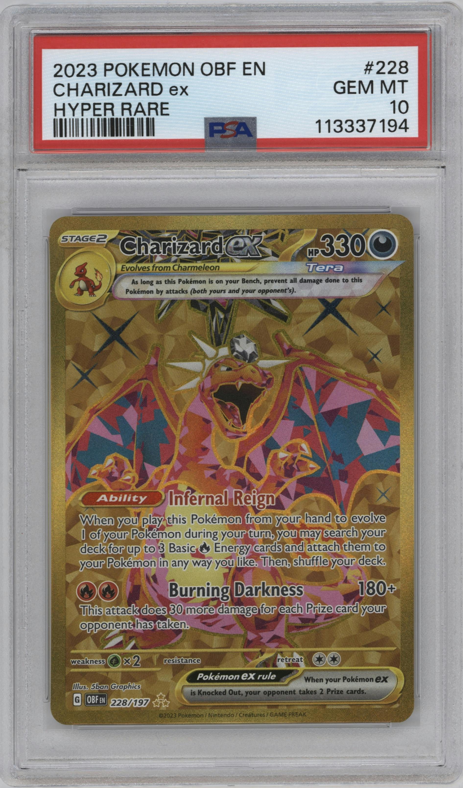 Charizard ex from the 2023 Pokemon SV set graded by PSA and given an overall grade of 10.