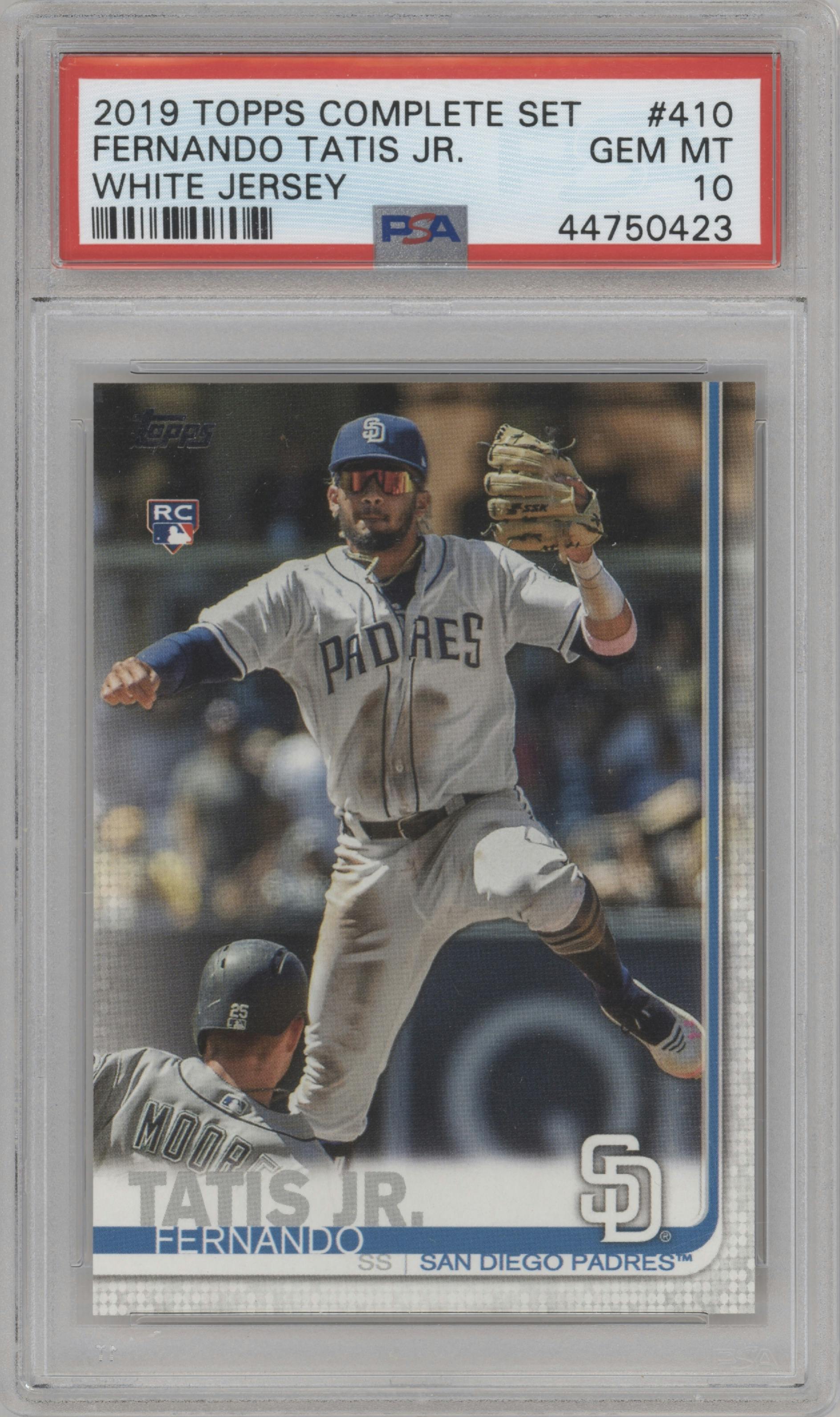 Fernando Tatis Jr. from the 2019 Topps Complete Set set graded by PSA and given an overall grade of 10.