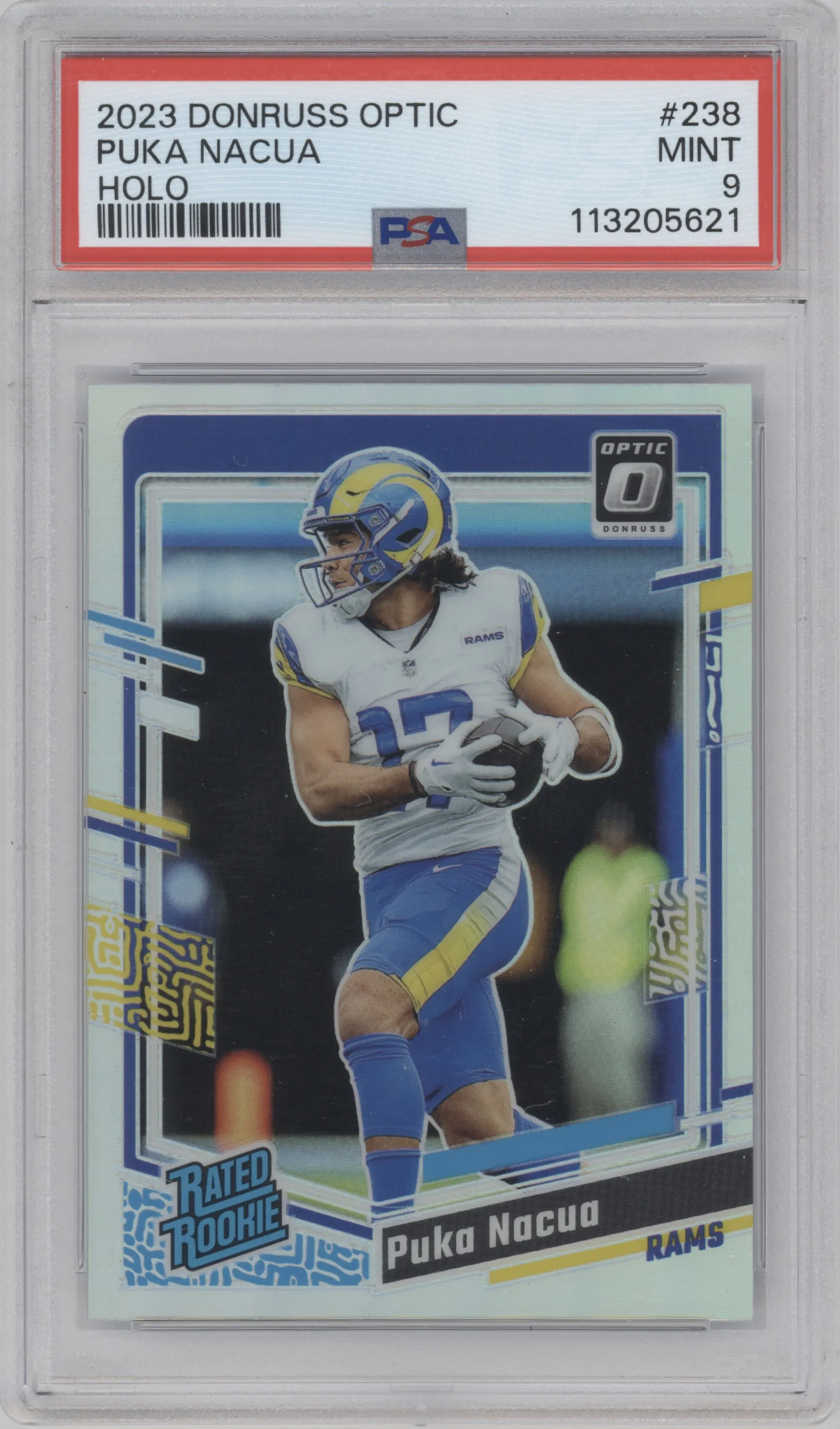 Puka Nacua from the 2023 Donruss Optic set featuring a Holo parallel graded by PSA and given an overall grade of 9.