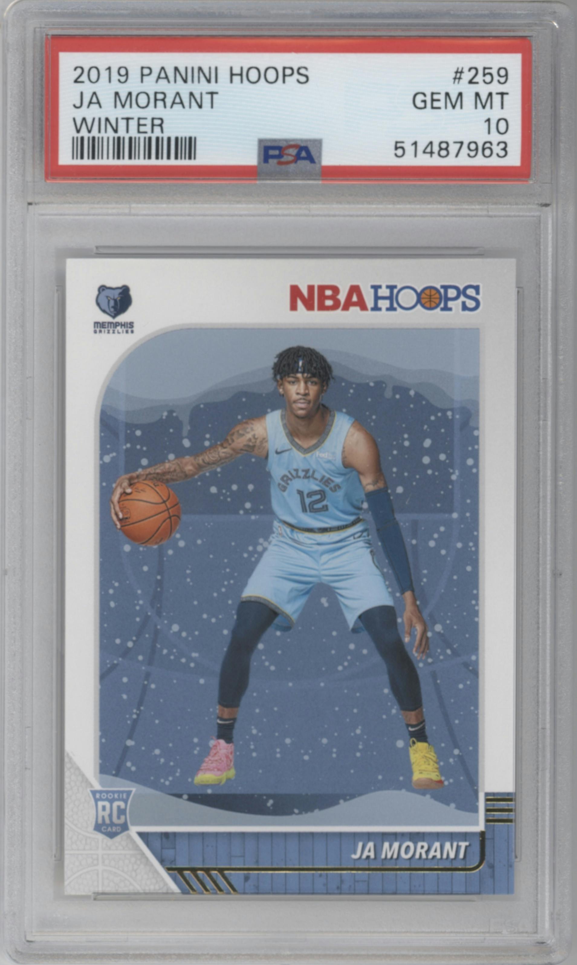 Ja Morant from the 2019-20 Panini NBA Hoops set featuring a Winter parallel graded by PSA and given an overall grade of 10.