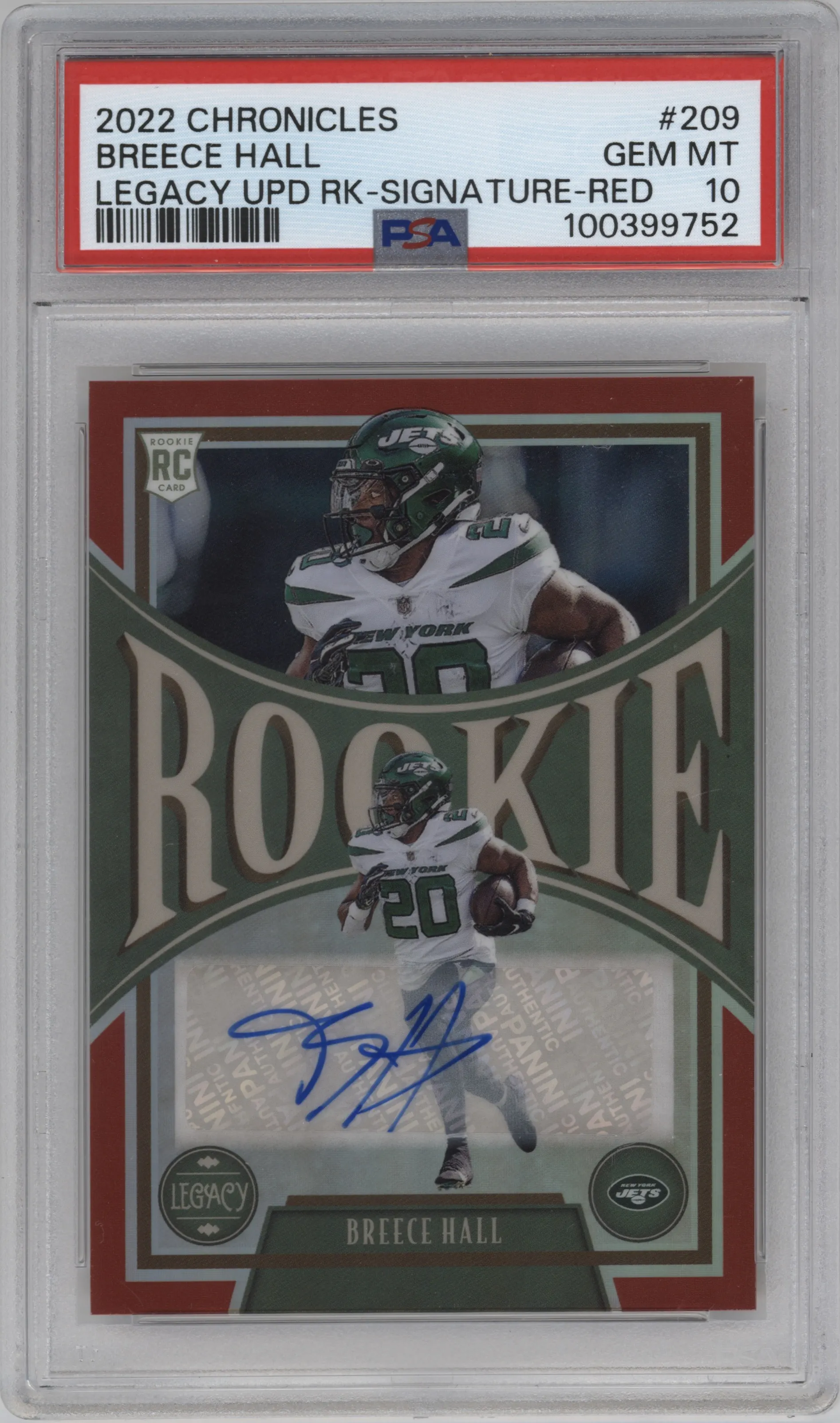 2022 Panini Chronicles Legacy Upd.Rke.Sig. Breece Hall Red #209 PSA 10