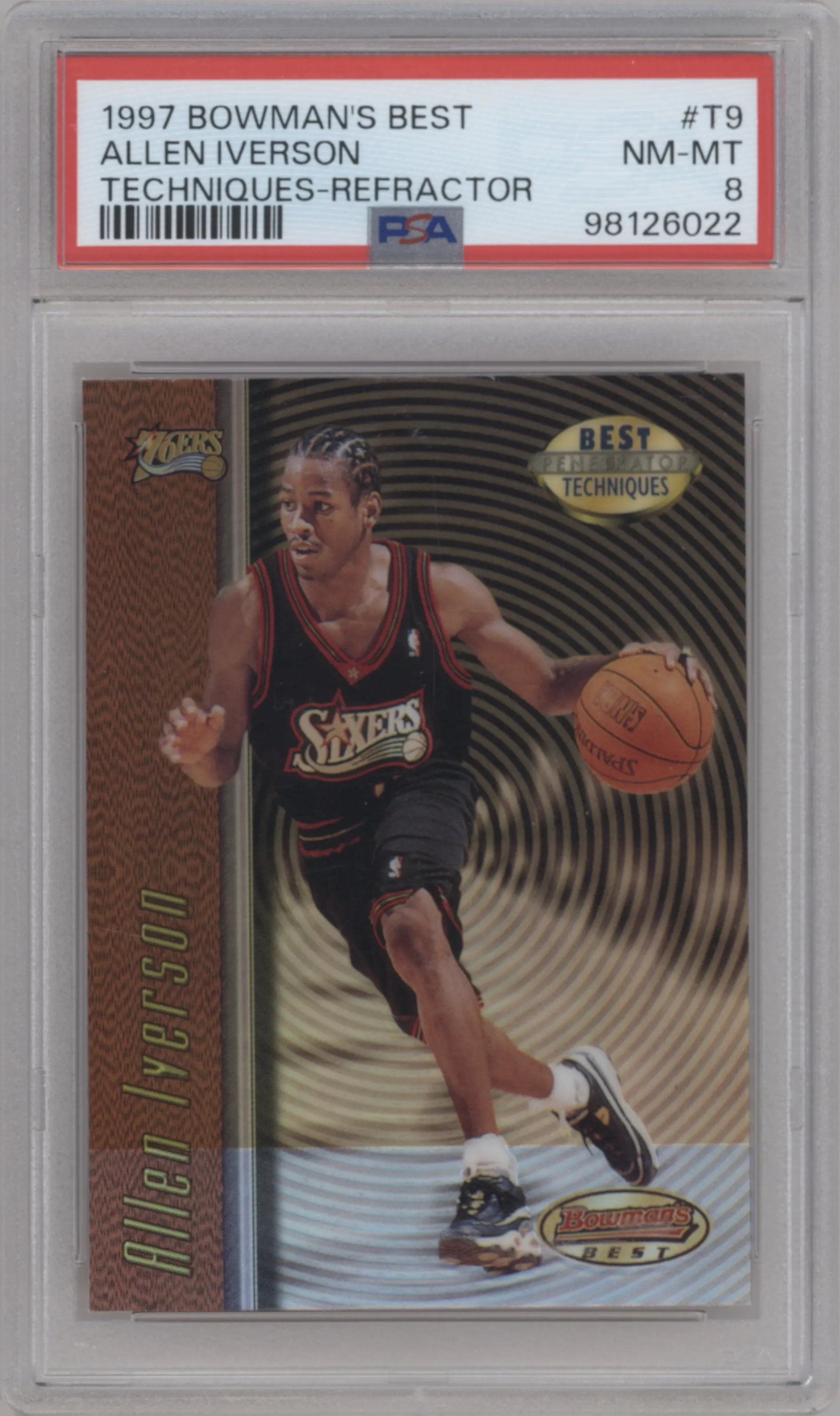 Allen Iverson from the 1997-98 Bowman's Best set featuring a Refractor parallel graded by PSA and given an overall grade of 8.