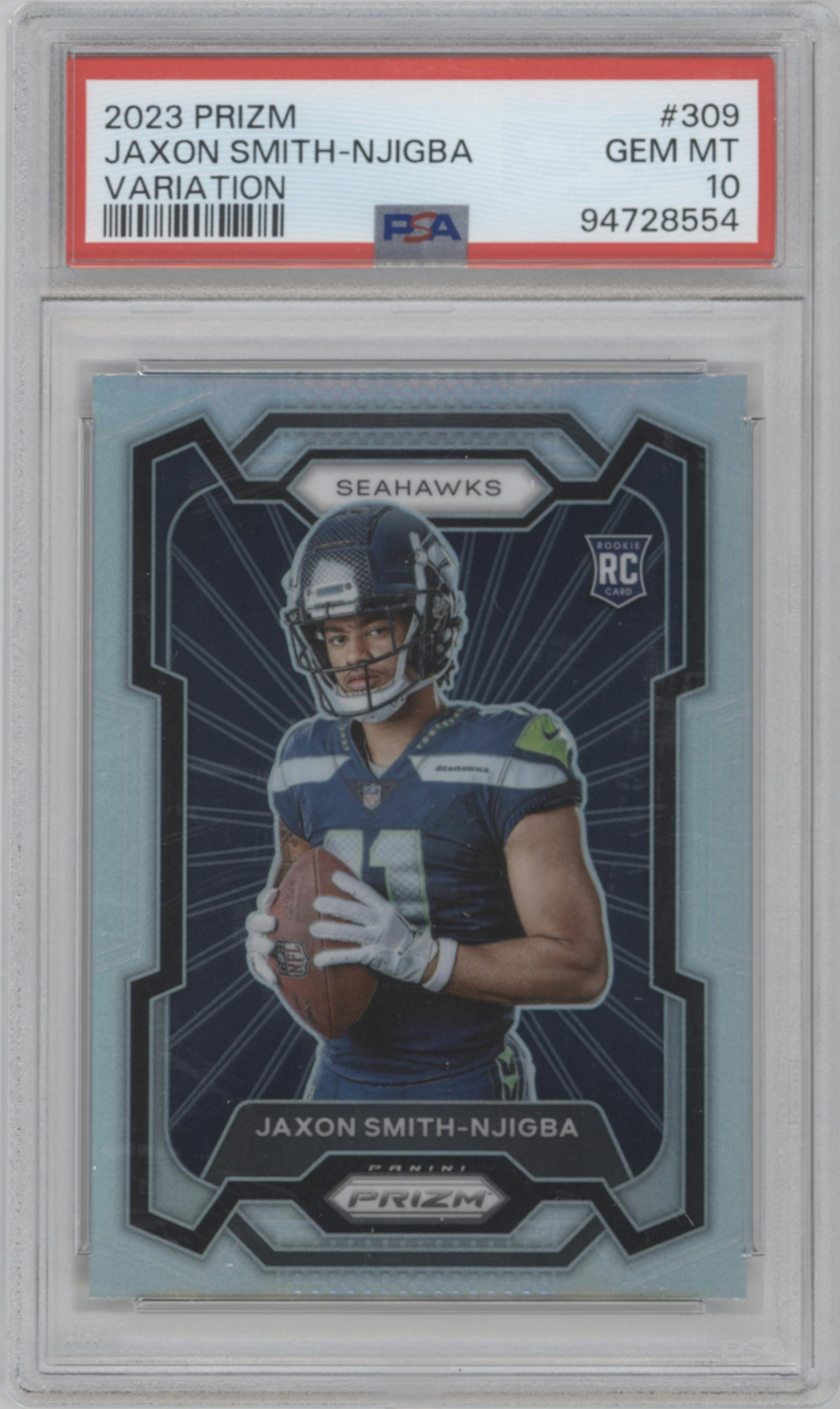 Jaxon Smith-Njigba from the 2023 Panini Prizm set graded by PSA and given an overall grade of 10.