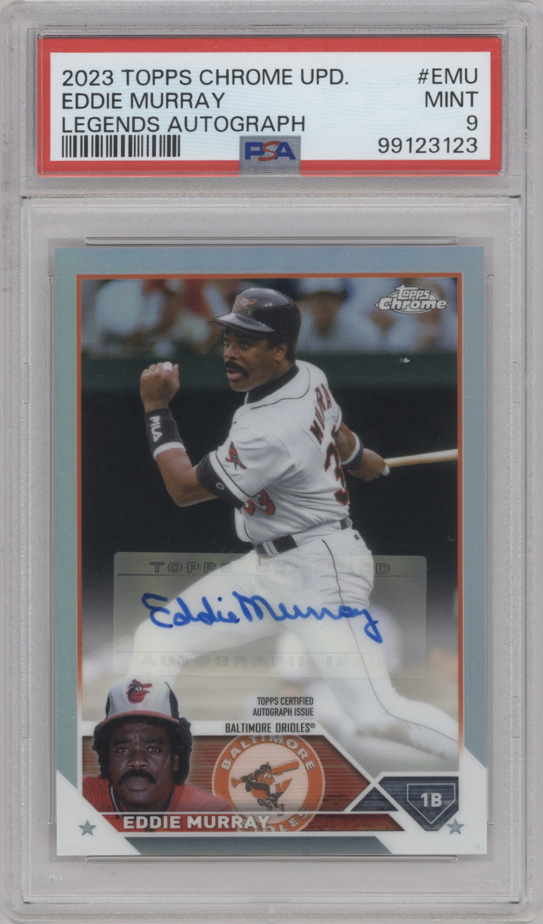 Eddie Murray from the 2023 Topps Chrome Update set graded by PSA and given an overall grade of 9.