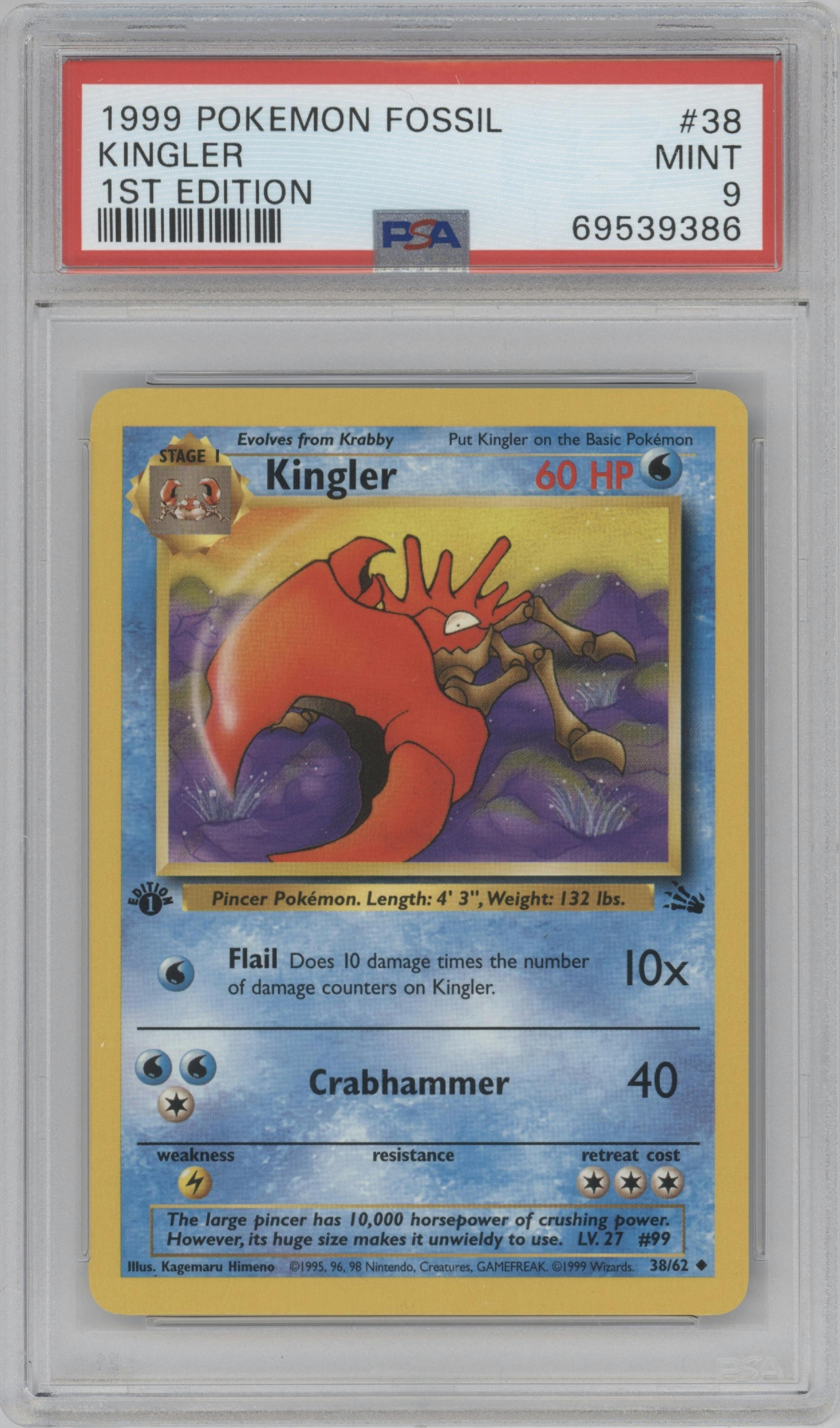Kingler from the 1999 Pokemon set graded by PSA and given an overall grade of 9.