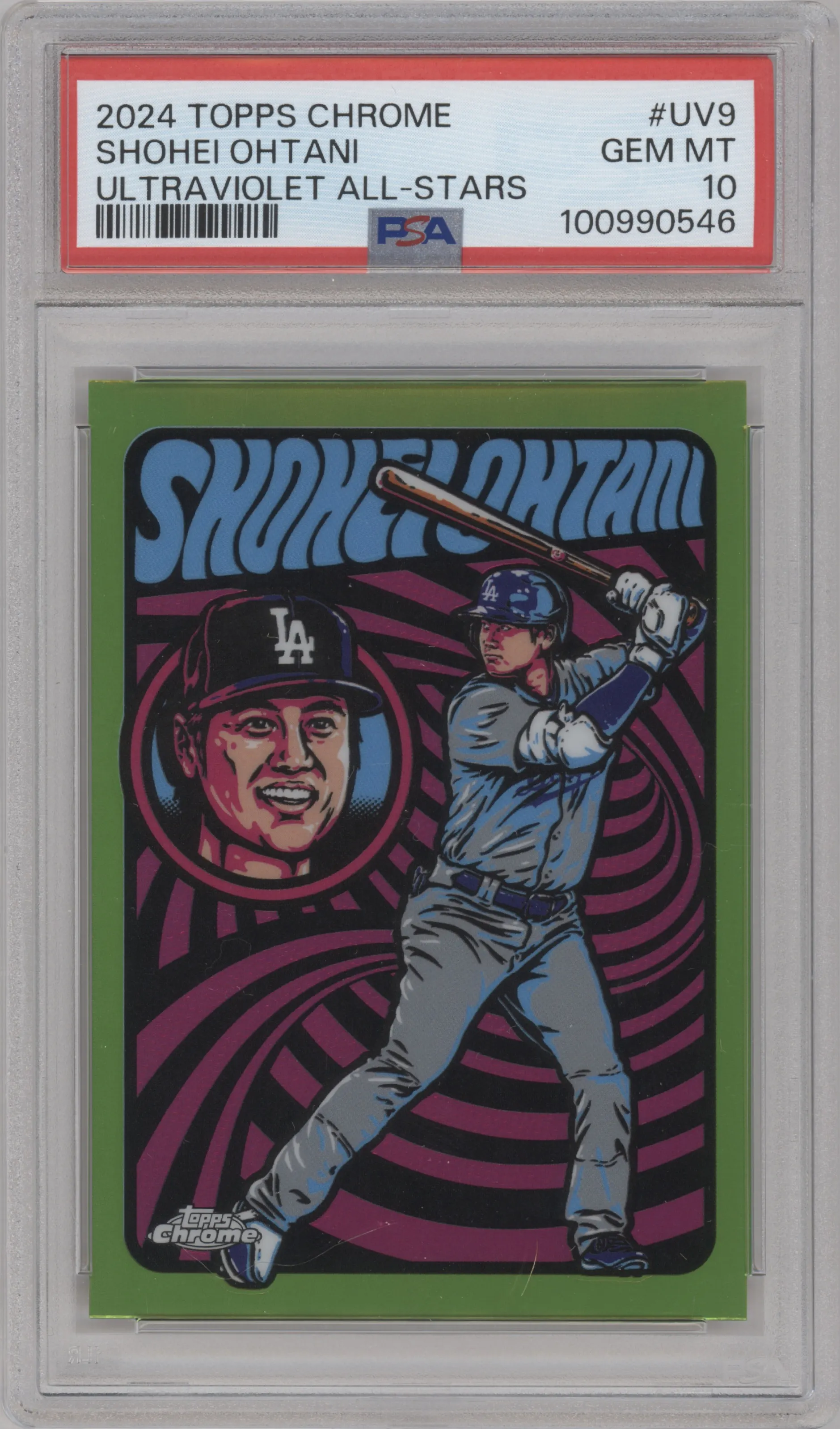 Shohei Ohtani from the 2024 Topps Chrome set graded by PSA and given an overall grade of 10.