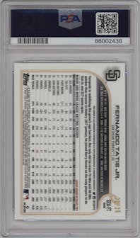 Fernando Tatís Jr. from the 2022 Topps Gilded Collection set featuring a Rose Gold parallel graded by PSA and given an overall grade of 10.