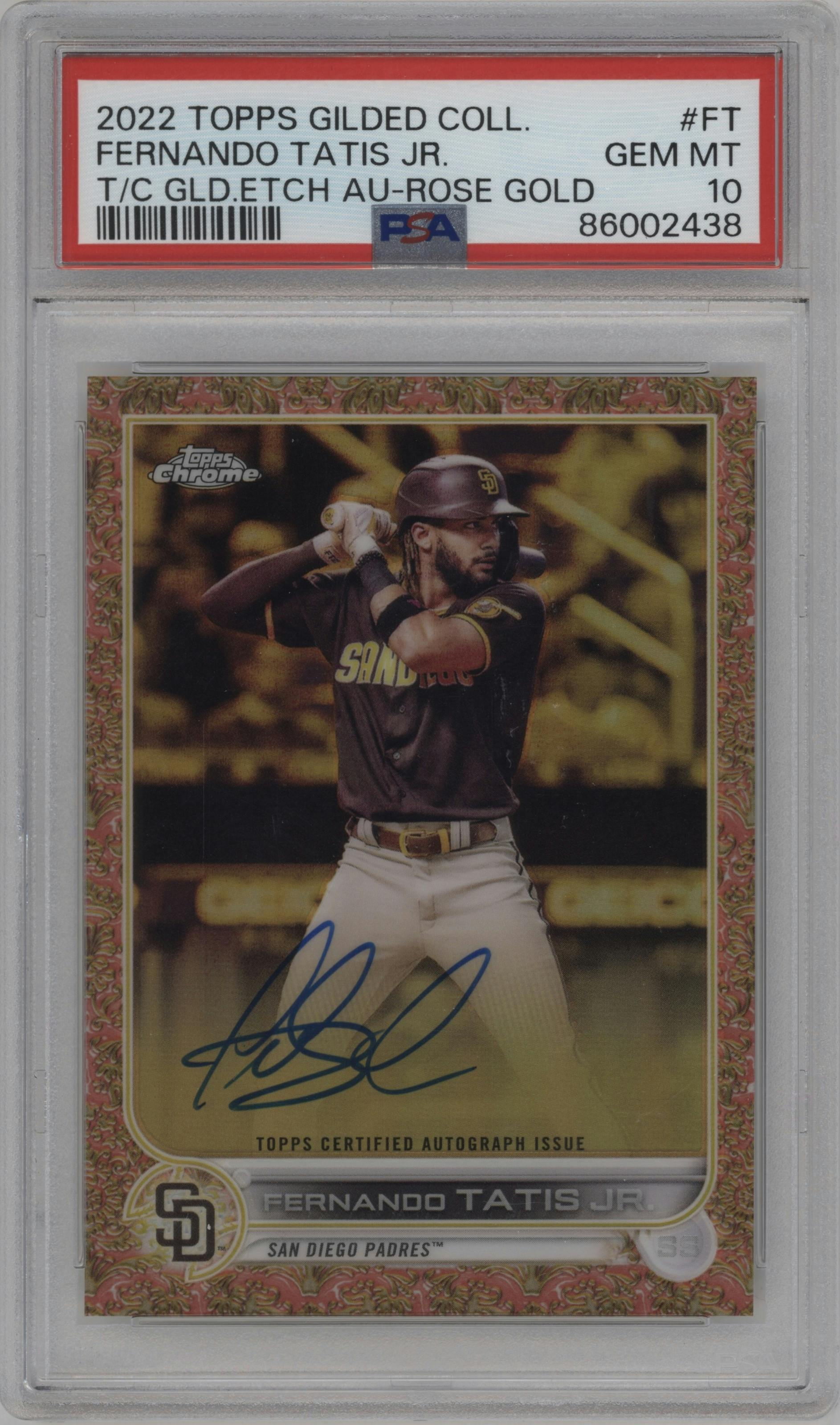 Fernando Tatís Jr. from the 2022 Topps Gilded Collection set featuring a Rose Gold parallel graded by PSA and given an overall grade of 10.