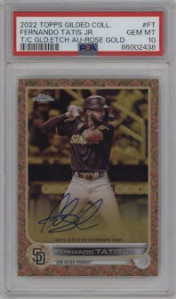 Fernando Tatís Jr. from the 2022 Topps Gilded Collection set featuring a Rose Gold parallel graded by PSA and given an overall grade of 10.