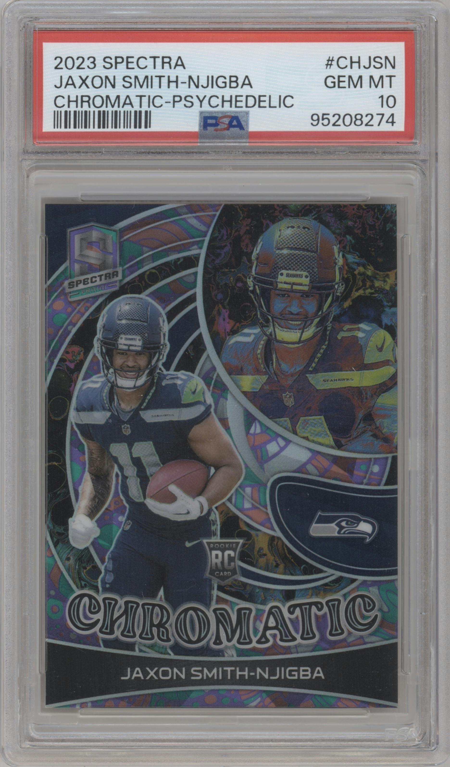 Jaxon Smith-Njigba from the 2023 Panini Spectra set featuring a Psychedelic parallel graded by PSA and given an overall grade of 10.