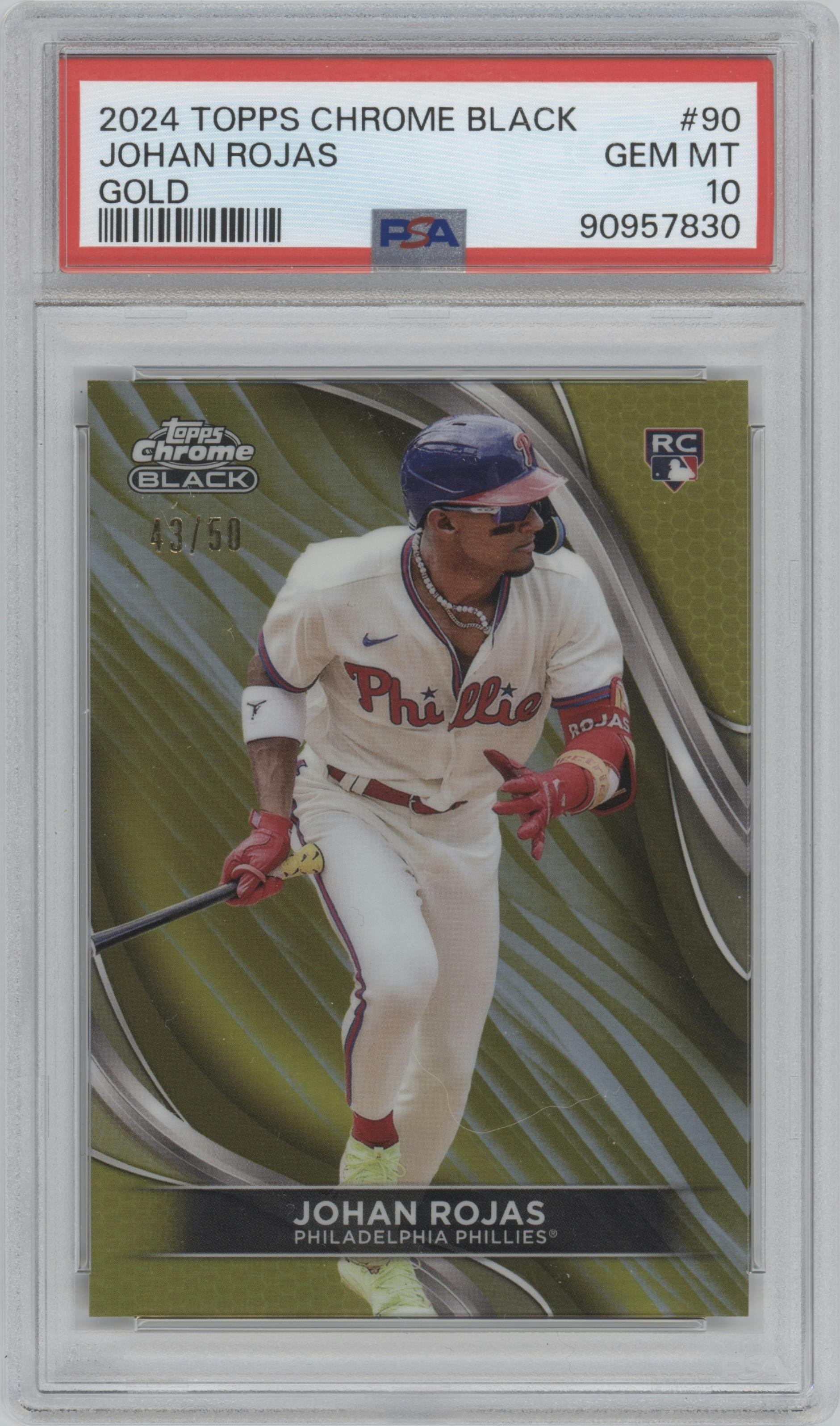 Johan Rojas from the  2024 Topps Chrome Black set featuring a Gold Refractor parallel graded by PSA and given an overall grade of 10.