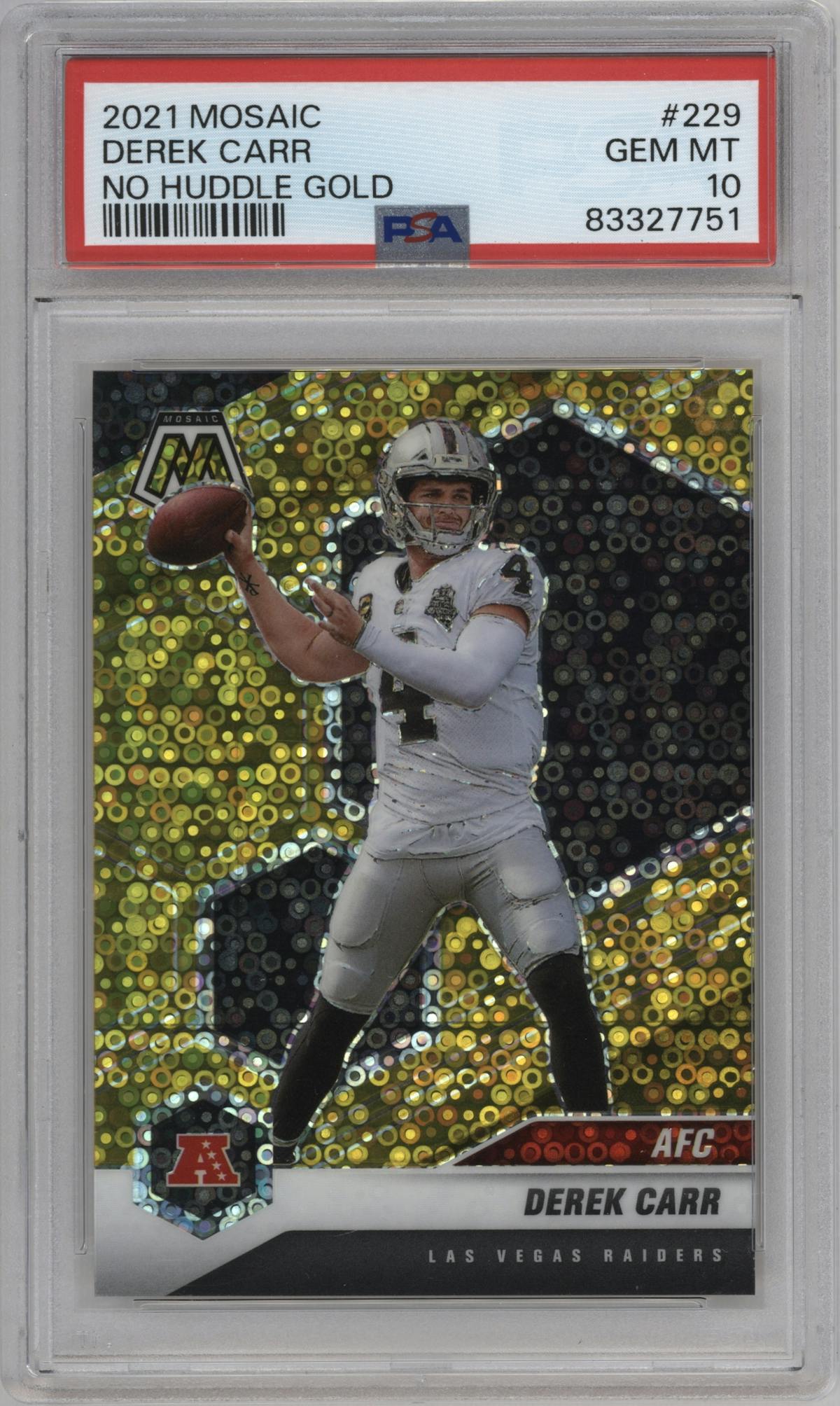 Derek Carr from the 2021 Panini Mosaic set featuring a No Huddle Gold parallel graded by PSA and given an overall grade of 10.