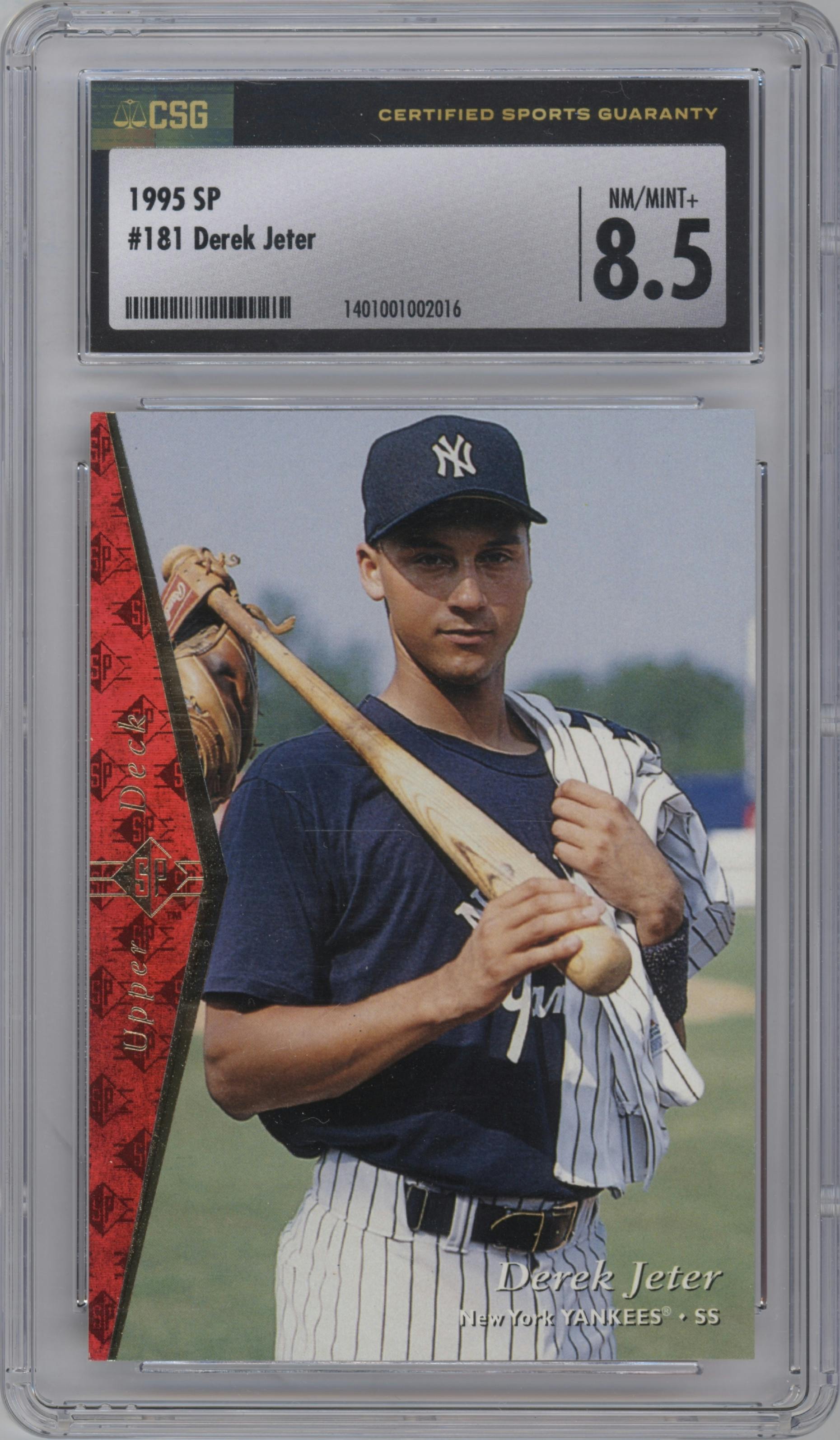 Derek Jeter from the 1995 Upper Deck SP set graded by CSG and given an overall grade of 8.5.