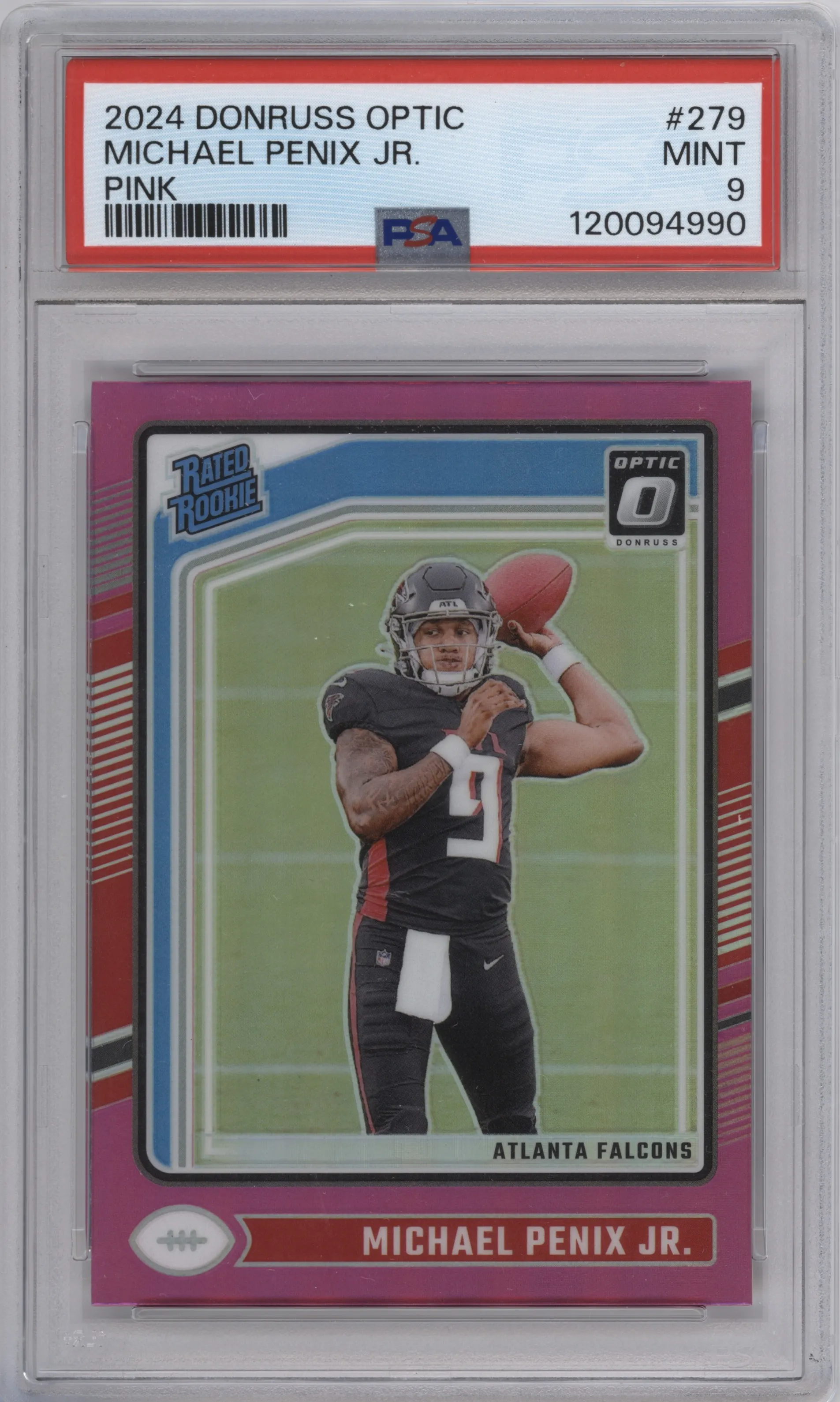 Michael Penix Jr. from the 2024 Donruss Optic set featuring a Pink parallel graded by PSA and given an overall grade of 9.