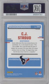 C.J. Stroud from the 2023 Donruss Optic set featuring a  Purple Shock parallel graded by PSA and given an overall grade of 10.