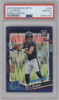 C.J. Stroud from the 2023 Donruss Optic set featuring a  Purple Shock parallel graded by PSA and given an overall grade of 10.