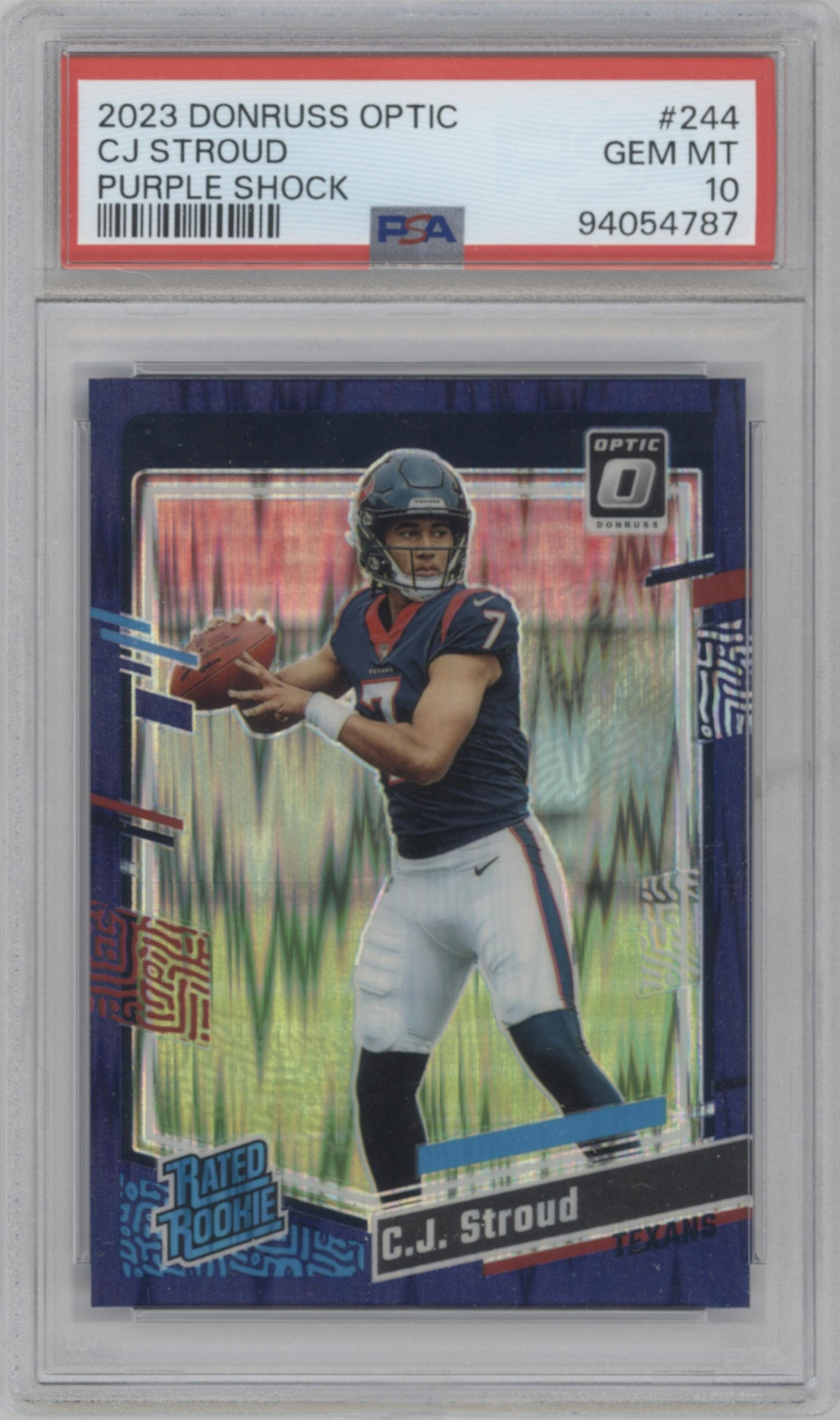 C.J. Stroud from the 2023 Donruss Optic set featuring a  Purple Shock parallel graded by PSA and given an overall grade of 10.