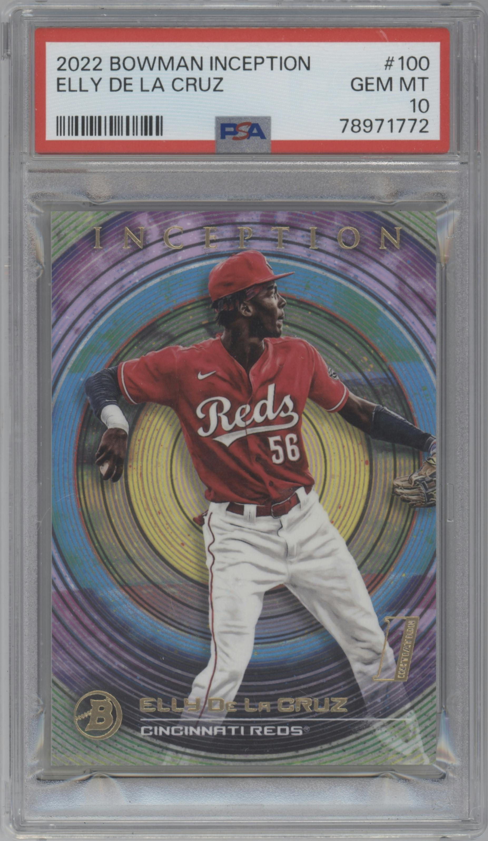 Elly De La Cruz from the 2022 Bowman Inception set graded by PSA and given an overall grade of 10.