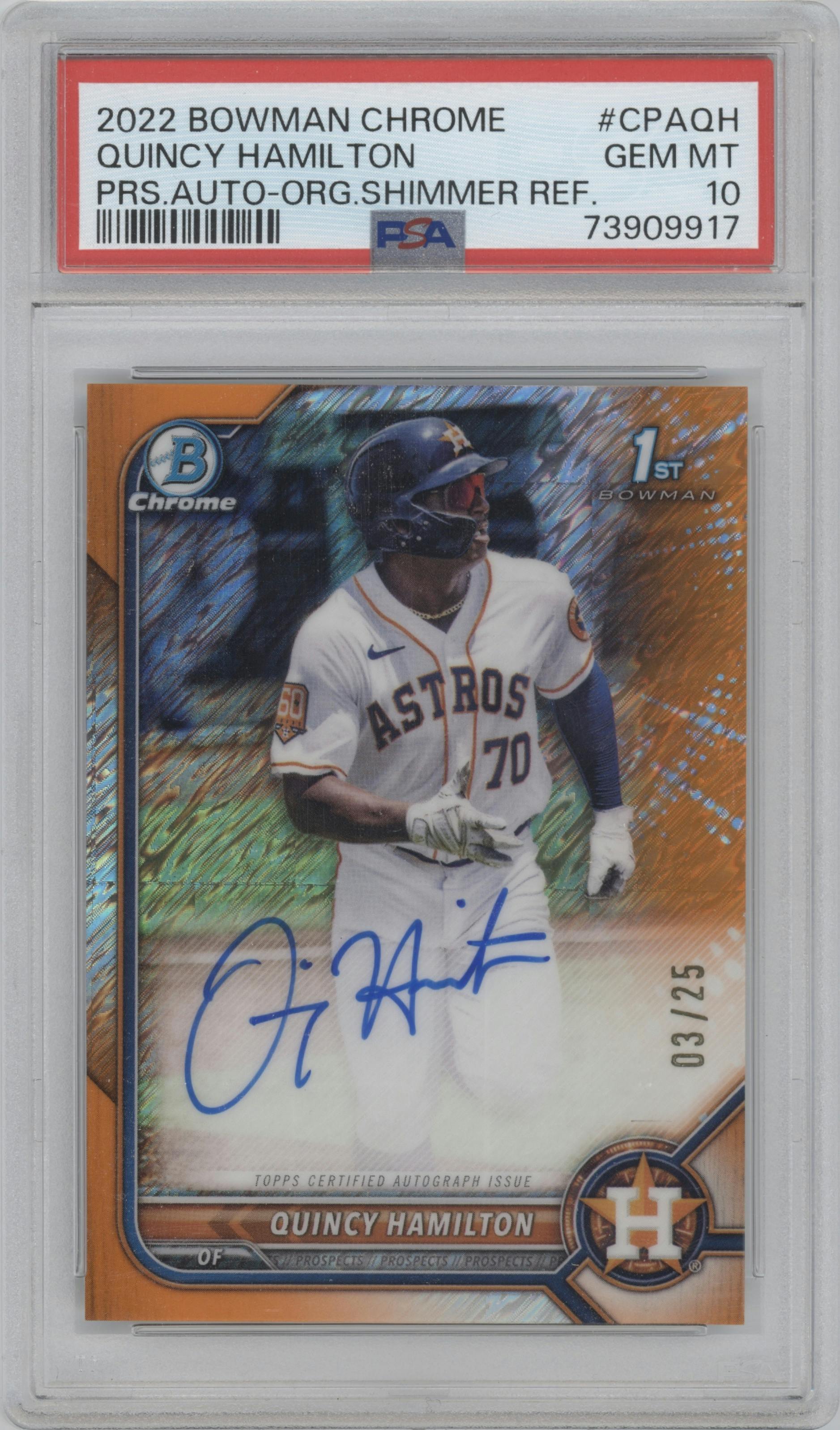 Quincy Hamilton from the 2022 Bowman Chrome set featuring a Orange Shimmer Refractor parallel graded by PSA and given an overall grade of 10.